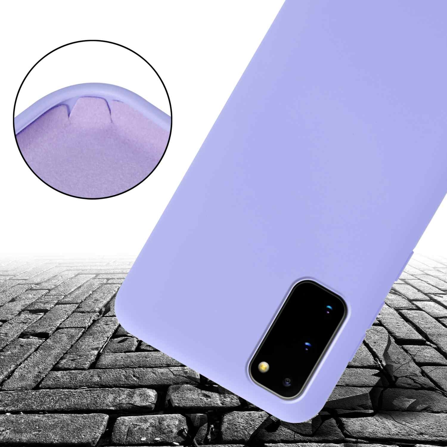 Custodia per telefono viola con crepe sotto. Sfondo bianco.