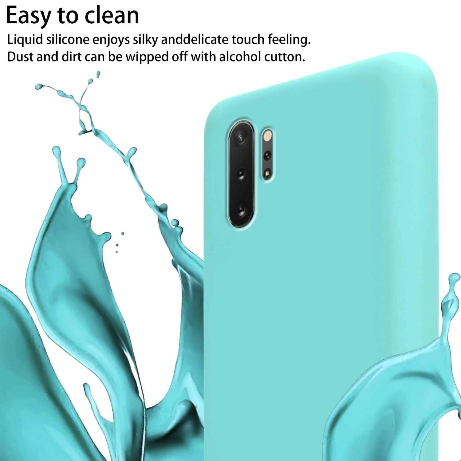 Una custodia per telefono verde acqua con un primo piano di un telefono con due fotocamere e testo.