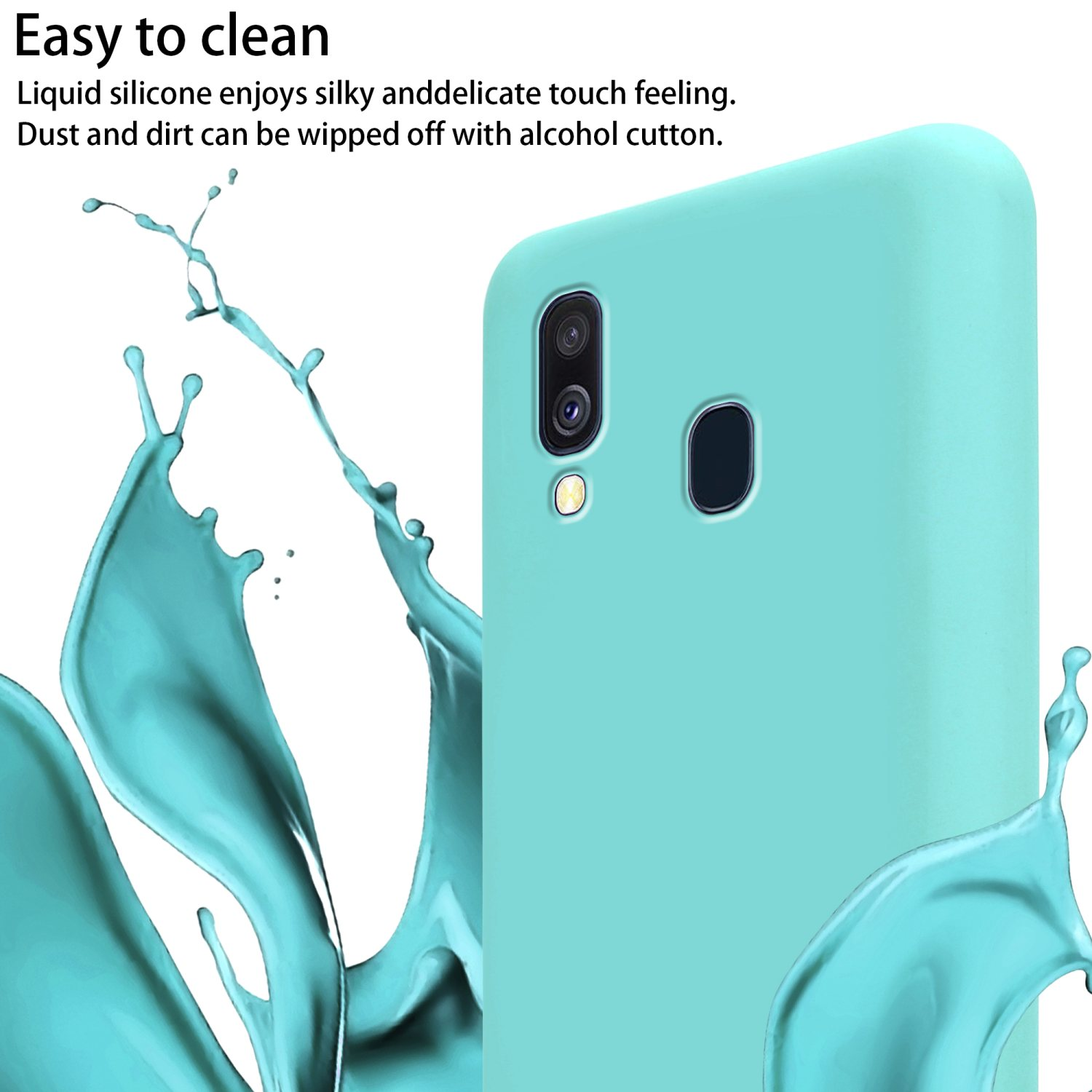 Una custodia per telefono turchese con schizzi d'acqua sul lato.