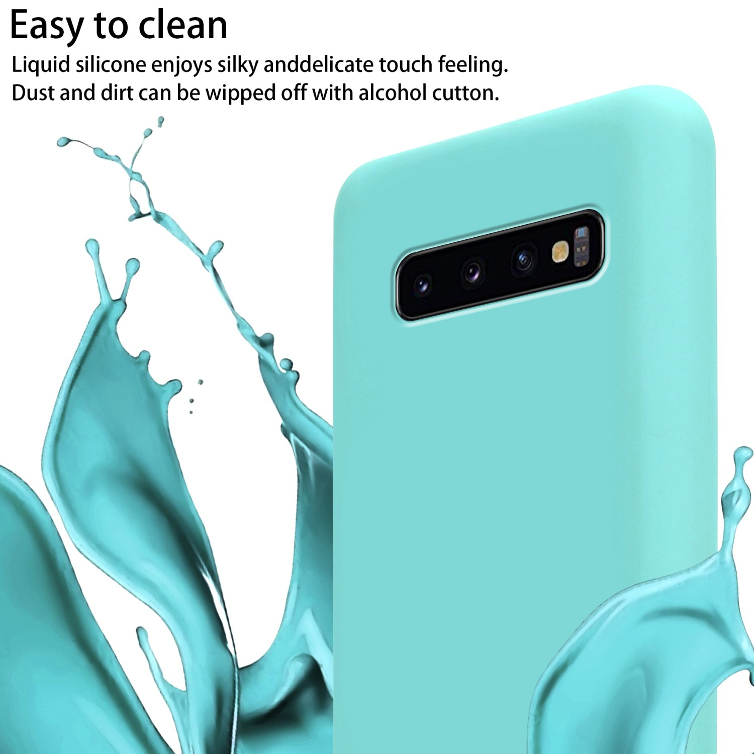 Custodia blu con un telefono. La custodia è azzurra. Gocce di liquido in primo piano.