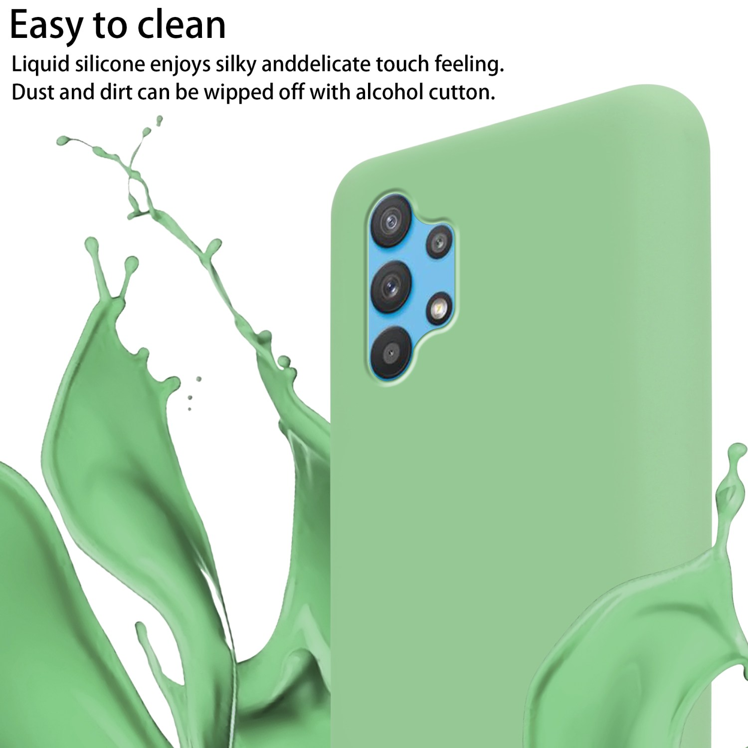 Custodia verde chiaro con telefono. Testo: Facile da pulire. Il silicone liquido ha un tocco setoso. La polvere può essere rimossa.