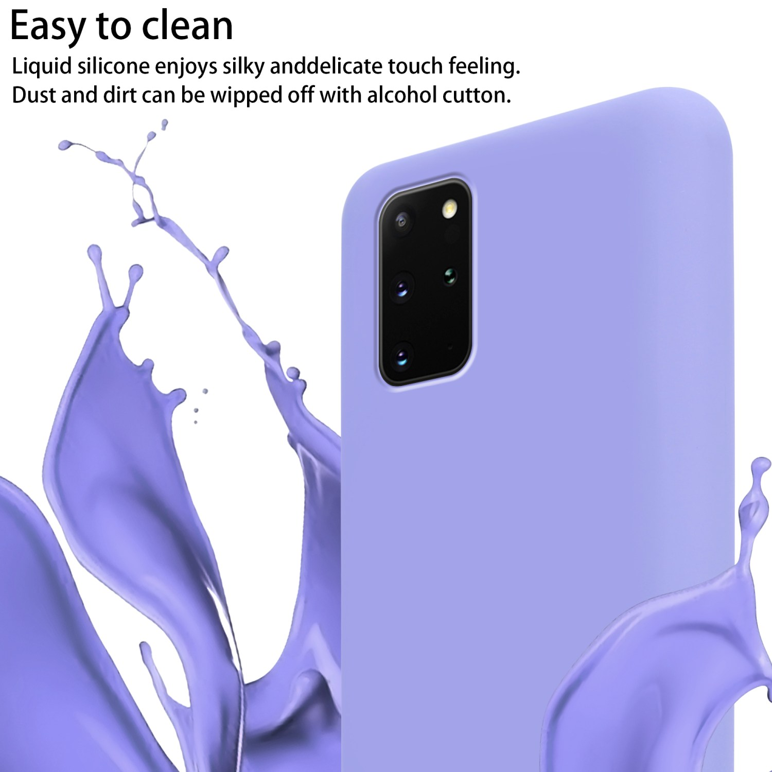 Custodia per telefono viola con testo: Facile da pulire. Mostra uno smartphone con la custodia.