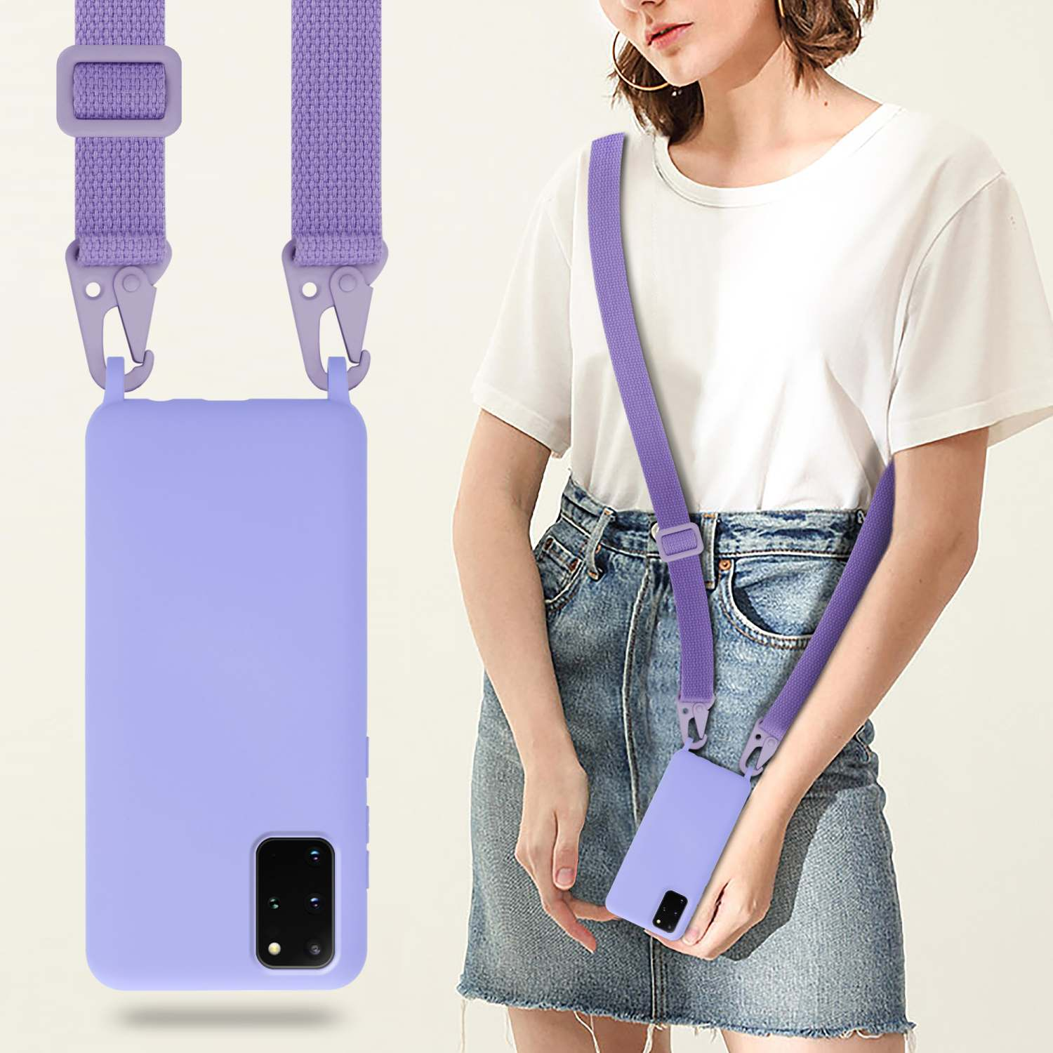 Donna con custodia per telefono viola con cinturino.
