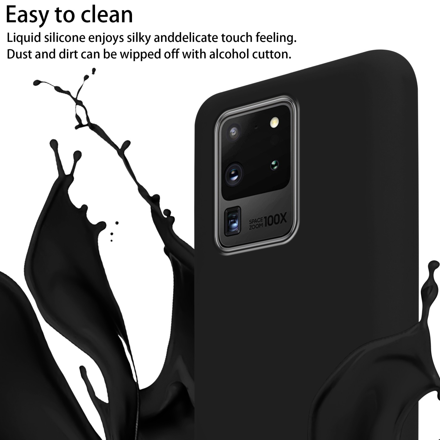 Un telefono nero con uno schizzo di liquido nero. Il testo a sinistra recita 'Easy to clean'.