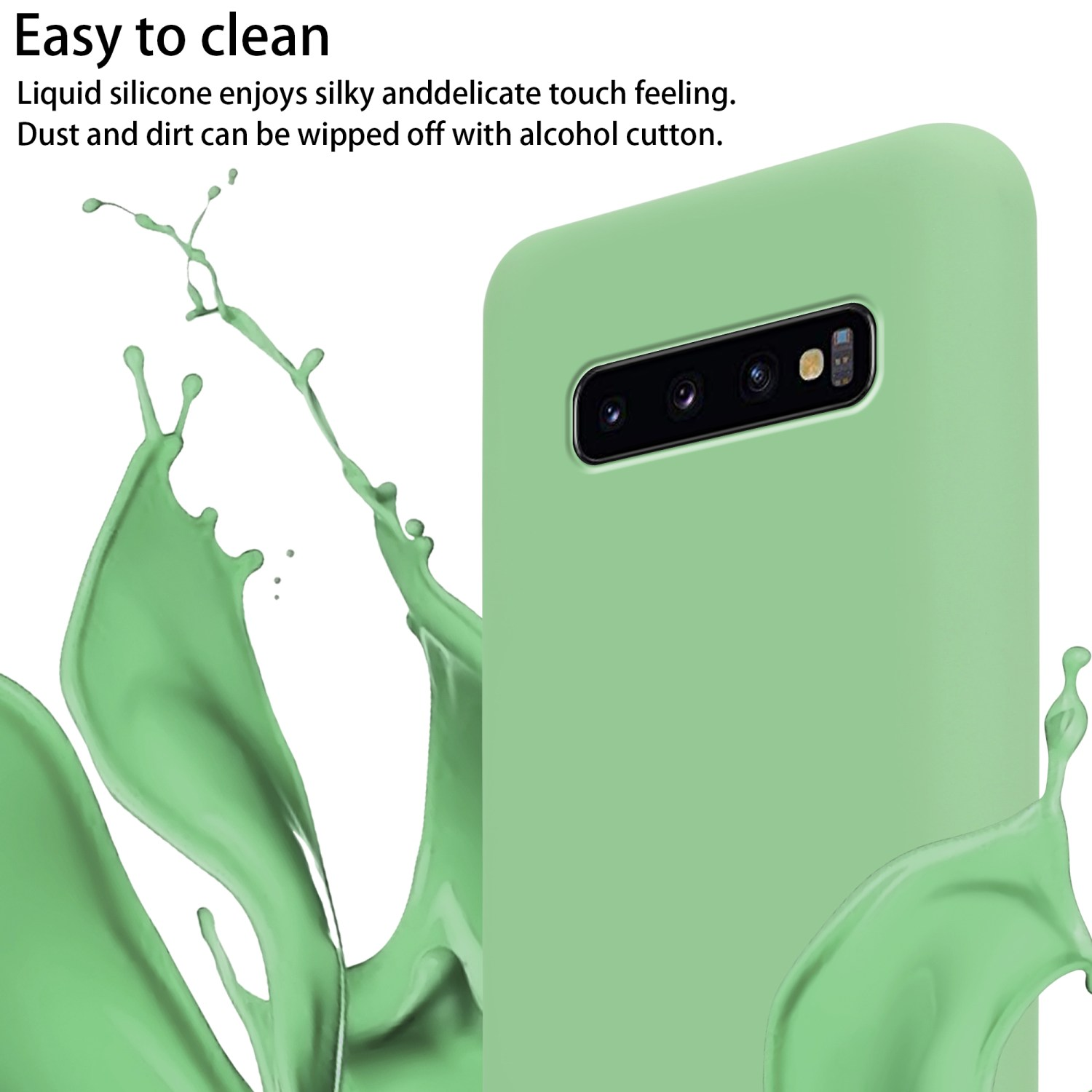Custodia per telefono verde con uno schizzo di liquido verde, che mostra la sua facilità di pulizia.