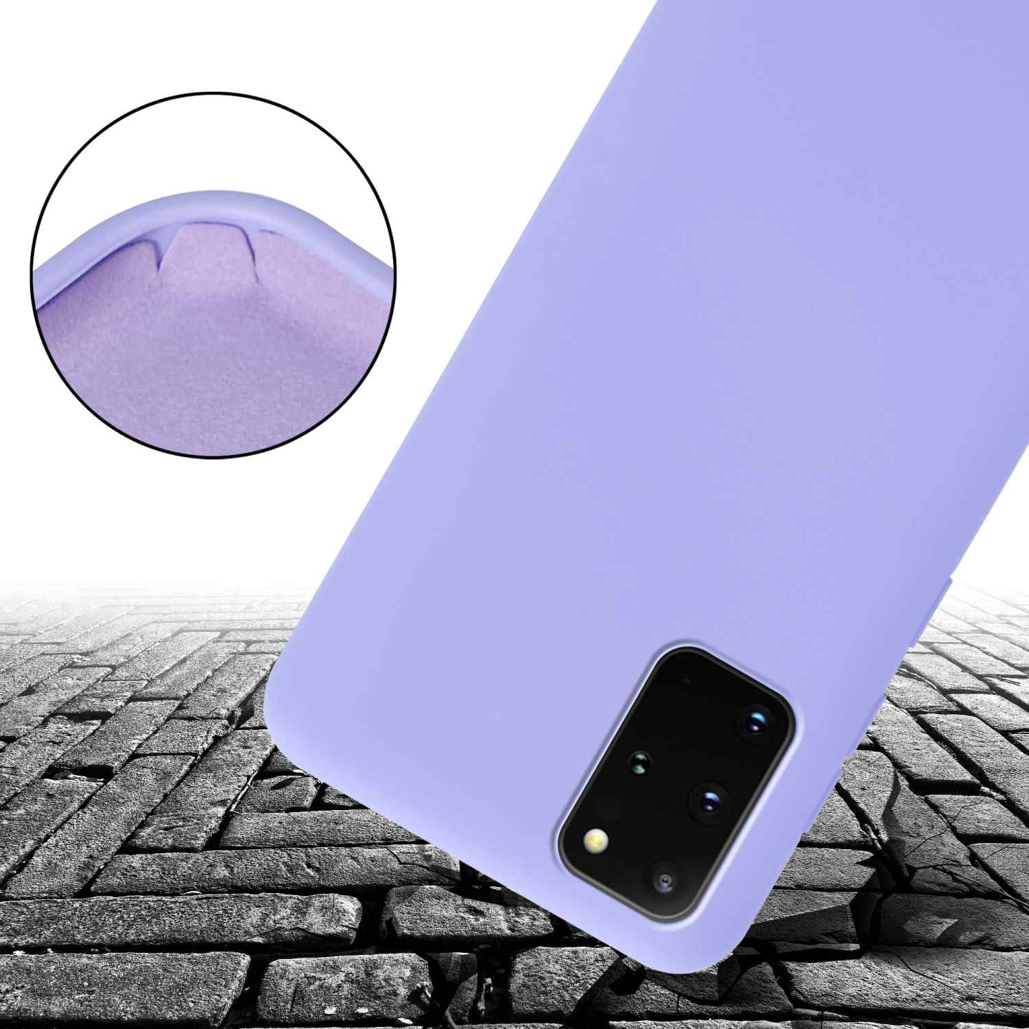 Una custodia per telefono viola su una superficie di mattoni ruvida. La custodia copre il telefono.