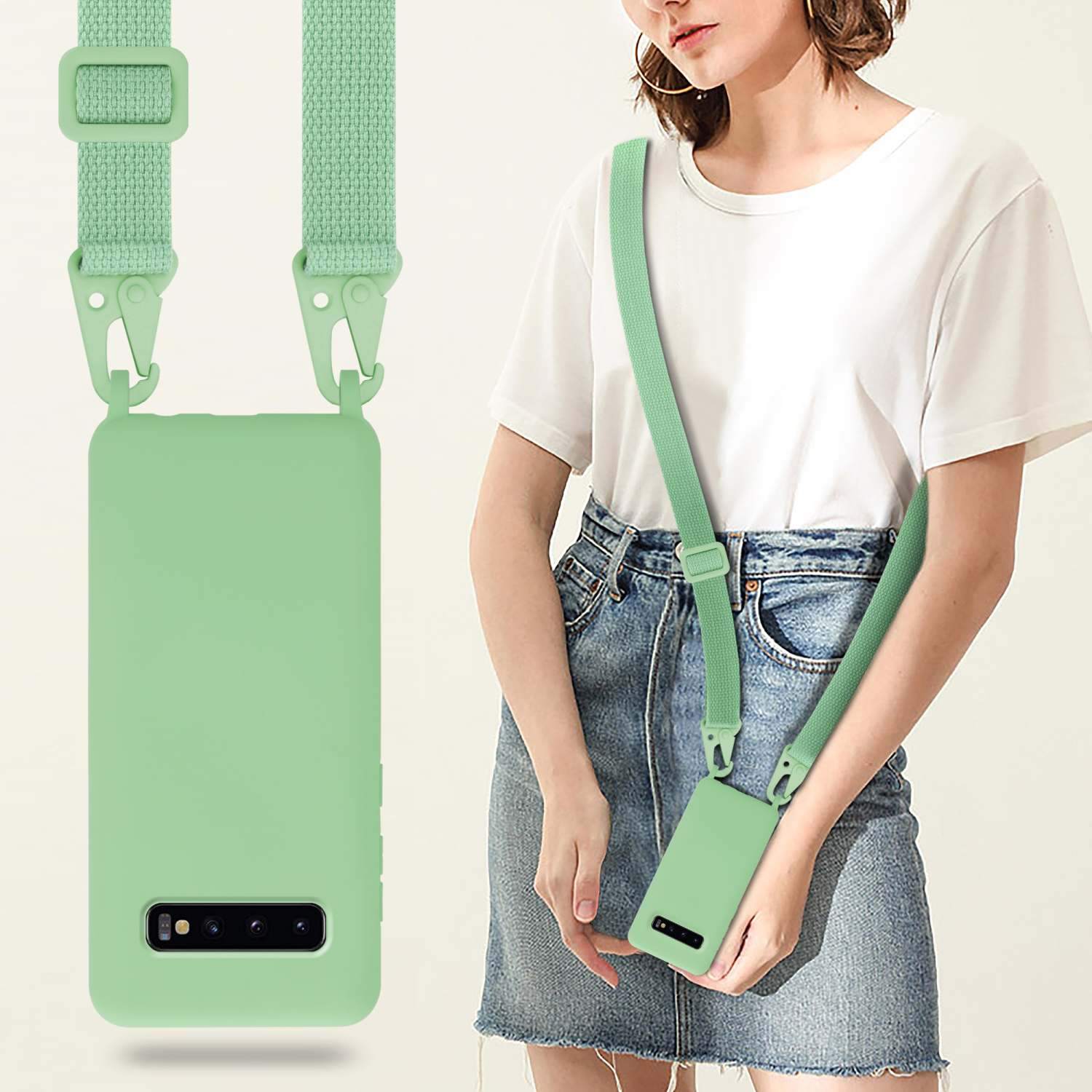 Una donna indossa una custodia per telefono con tracolla verde menta, tenendo il telefono.