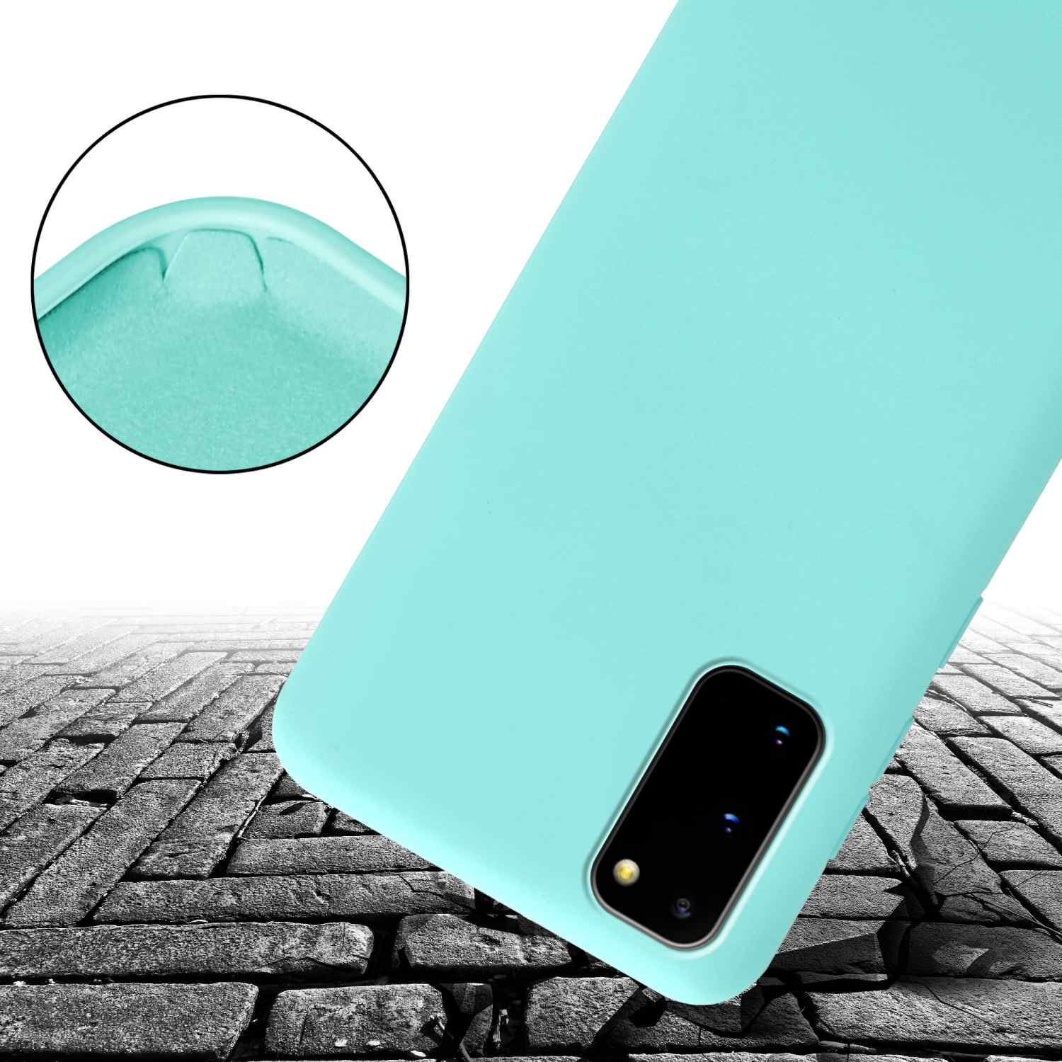 Una custodia per telefono azzurra. Il telefono è su uno sfondo simile a mattoni.