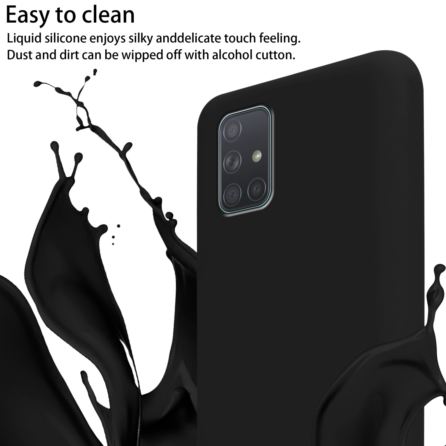 Una custodia nera per telefono con schizzo di liquido nero, che mostra la fotocamera.