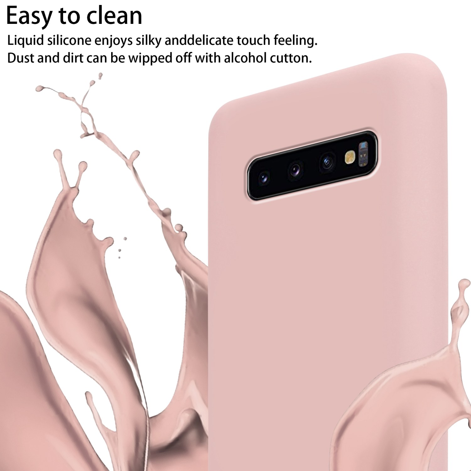 Primo piano di un telefono rosa. Spruzzo di liquido sul lato. Testo: "Easy to clean".
