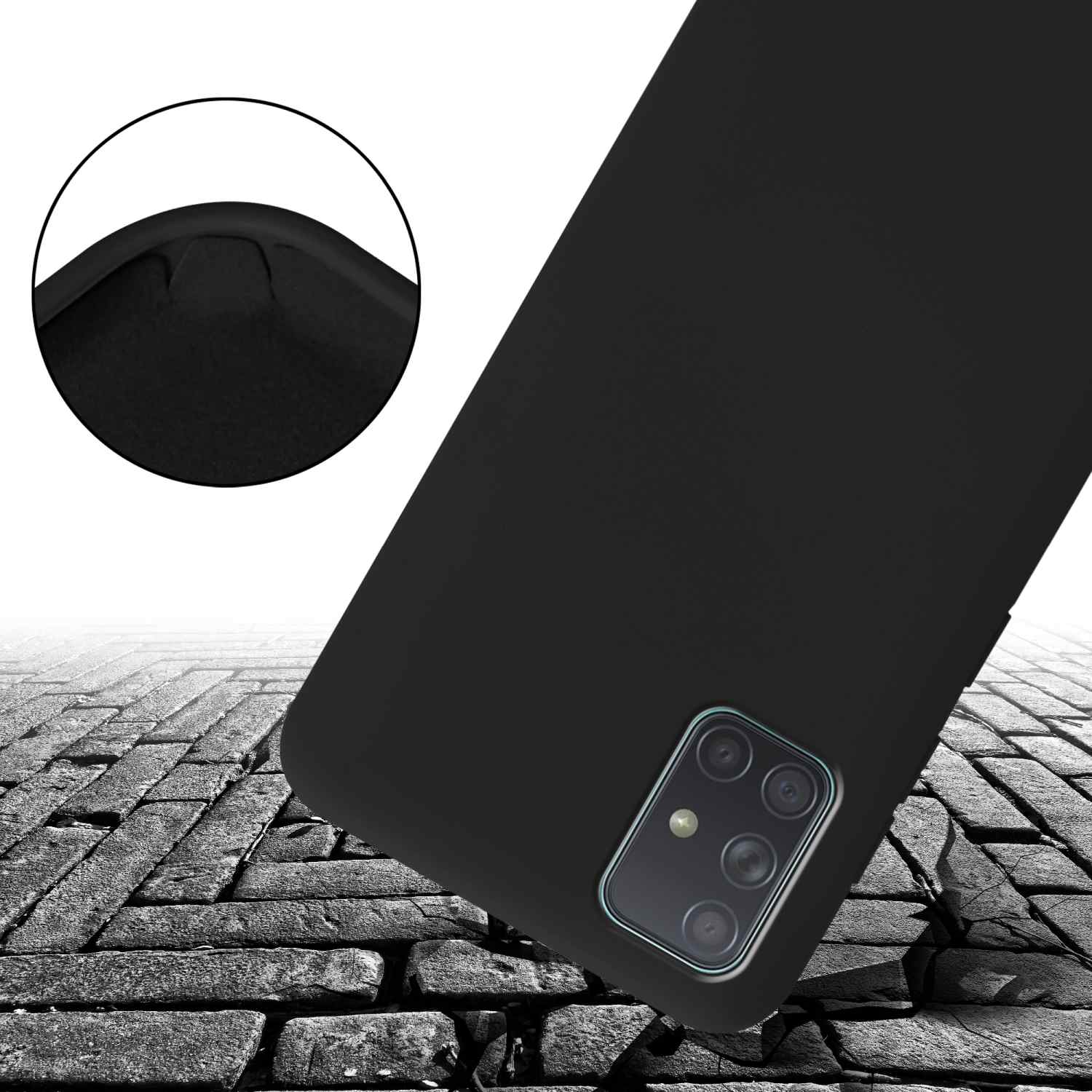 Una custodia nera per telefono con la scritta 'Liquid silicon - soft touch' e la fotocamera del telefono.