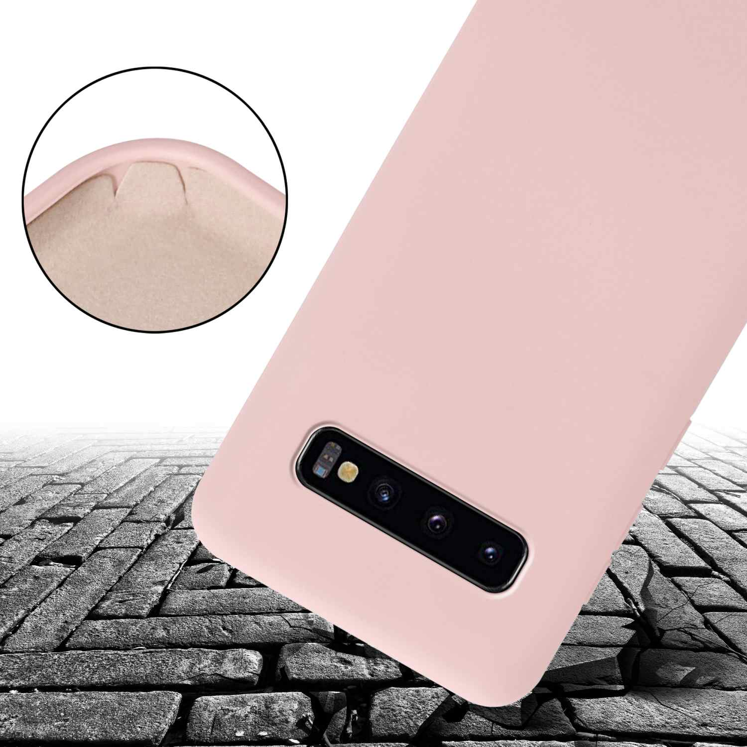 Custodia per telefono rosa su una superficie di mattoni con un effetto di terreno crepato.