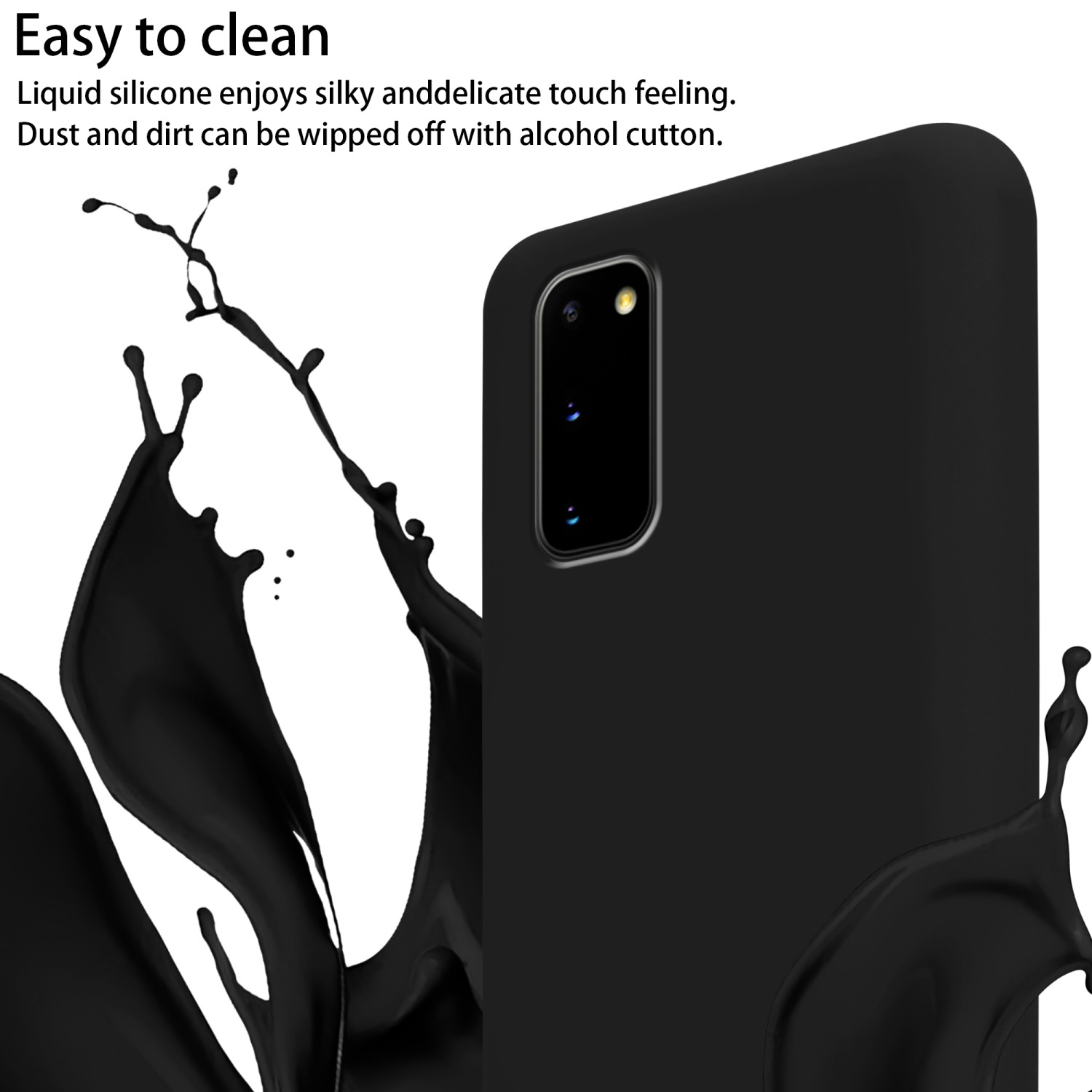 Custodia per telefono nera con schizzo di liquido nero. Testo 'Easy to clean'. Telefono visibile a destra.