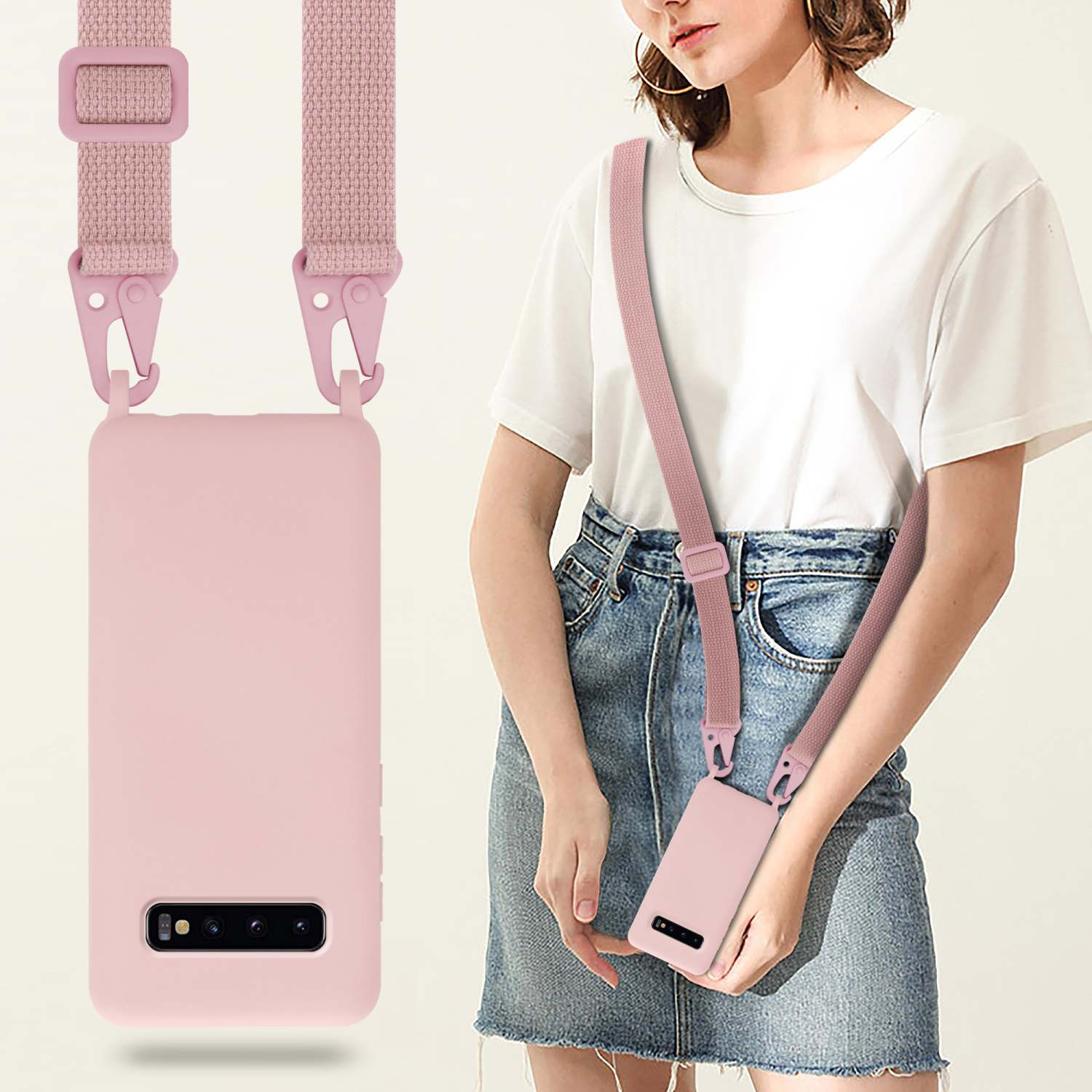 Donna con custodia rosa e tracolla. Il telefono è nella custodia.