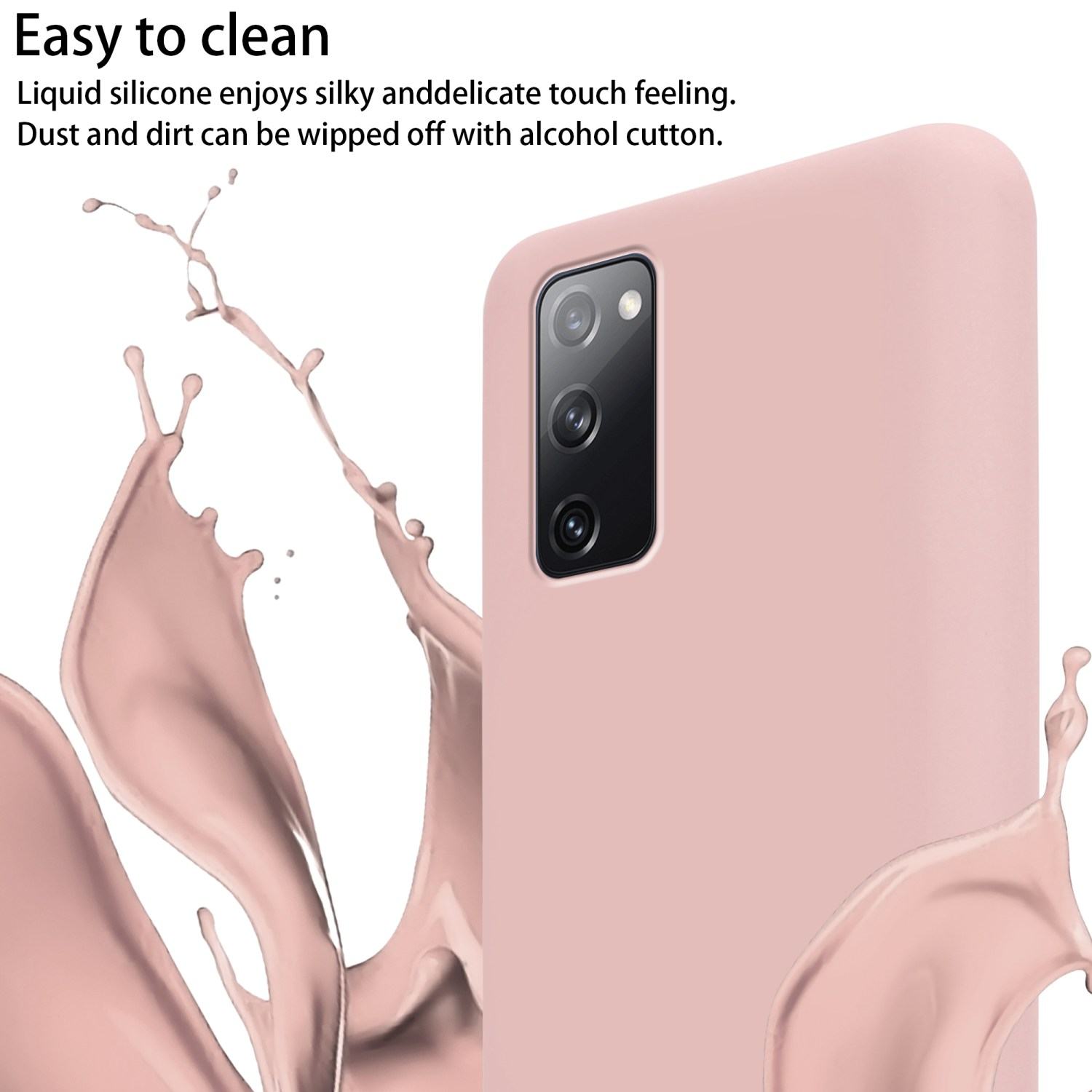 Una custodia per telefono rosa con un telefono all'interno, che mostra una fotocamera posteriore. La custodia è facile da pulire.