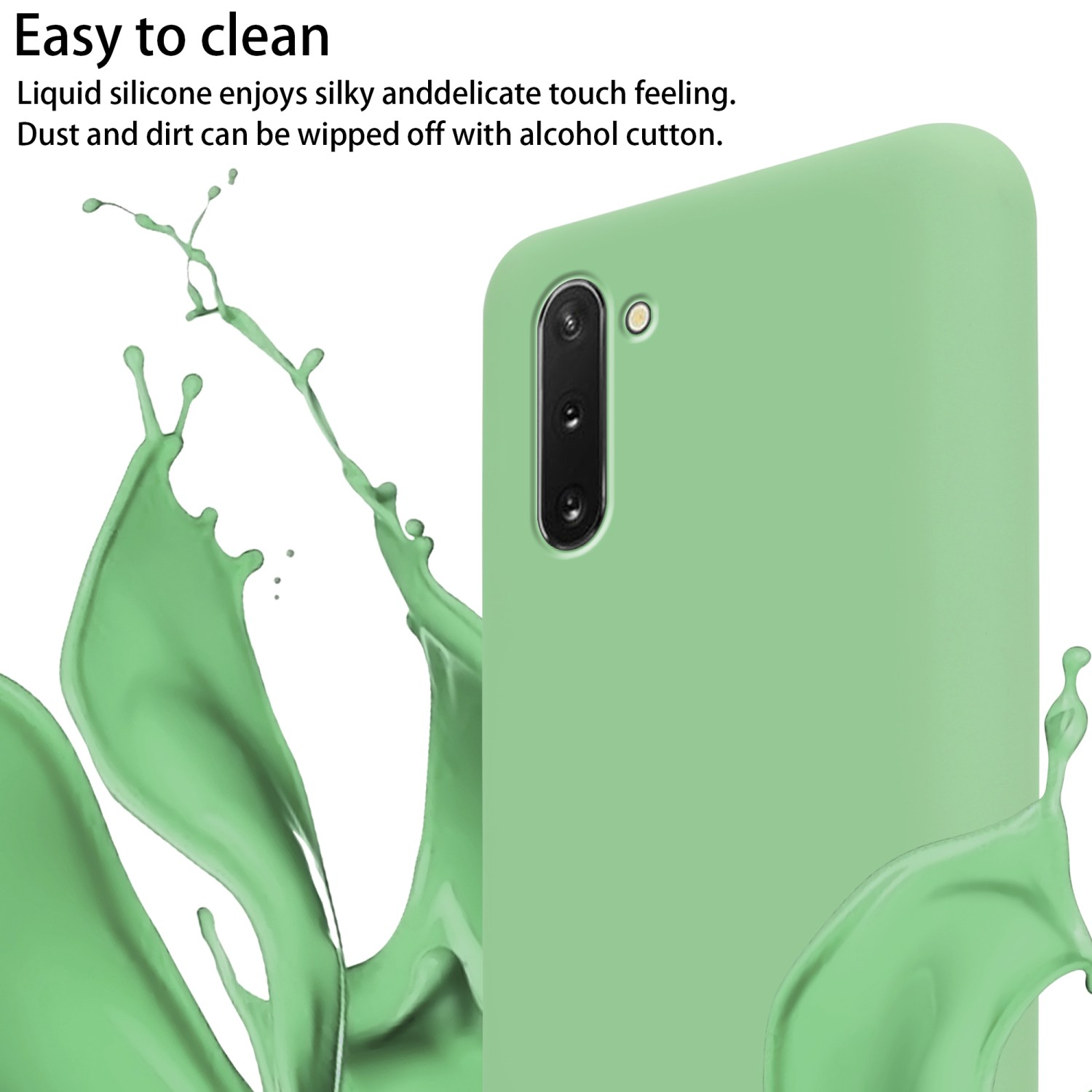 Una custodia verde per telefono con fotocamera, schizzi di vernice verde. Testo: Facile da pulire.