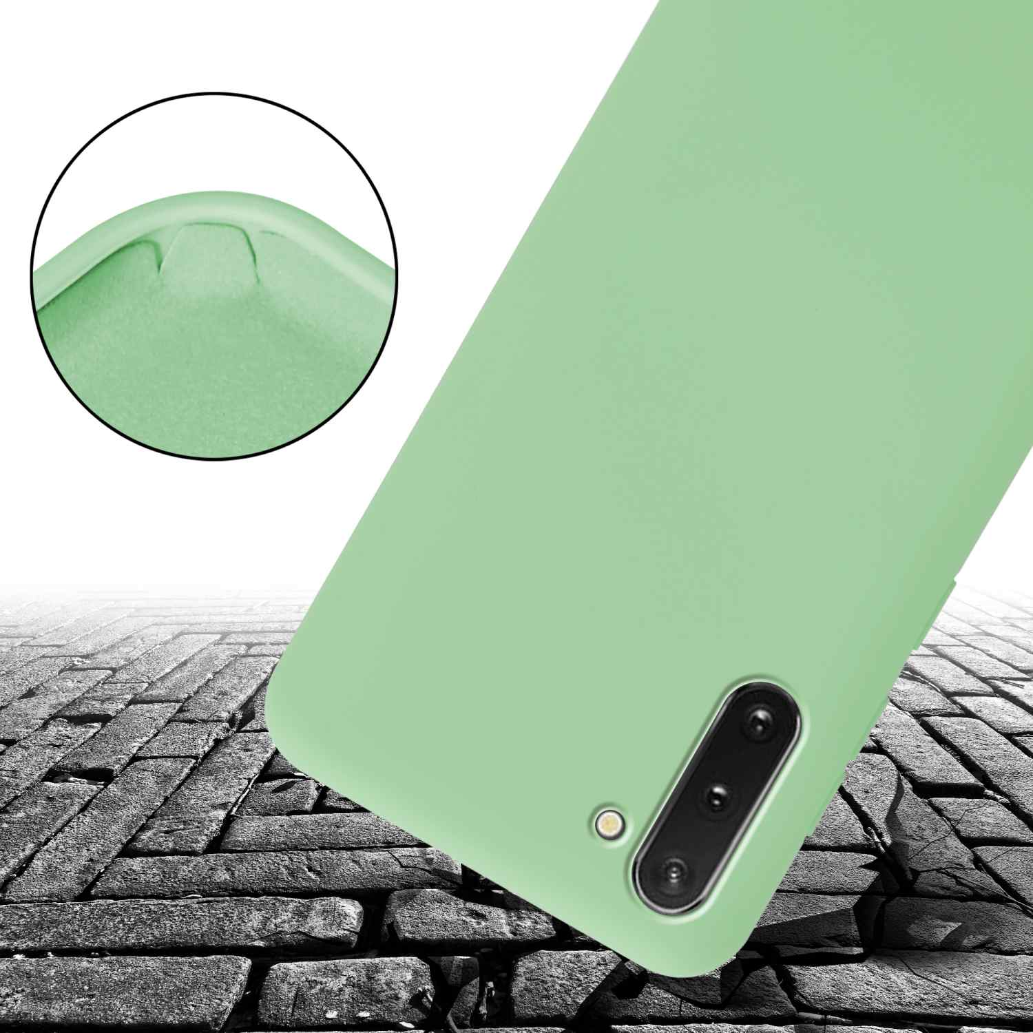 Custodia verde per telefono su superficie in pietra. La fotocamera è visibile.