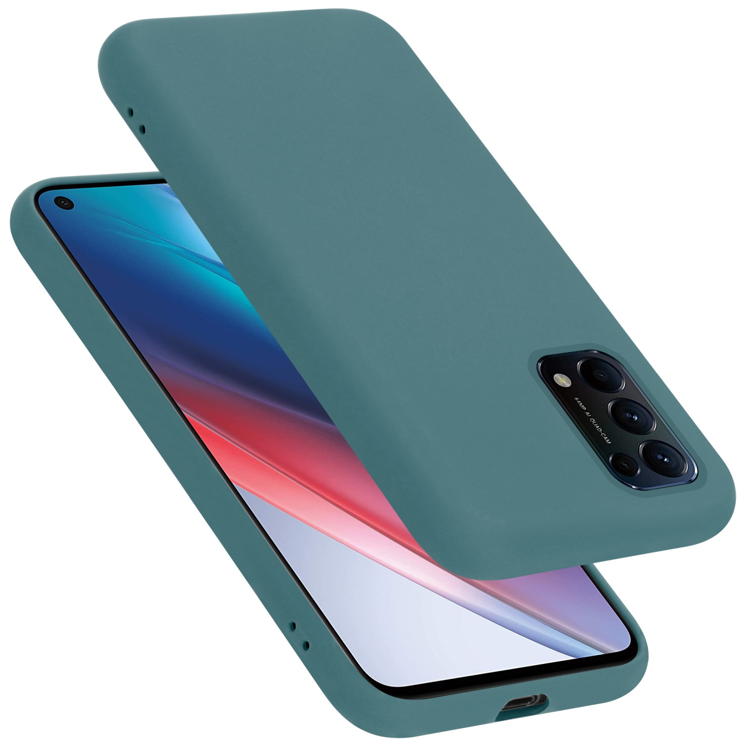 Türkisfarbene Handyhülle auf einem Telefon. Die Hülle bedeckt die Rückseite des Telefons und zeigt die Kamera.