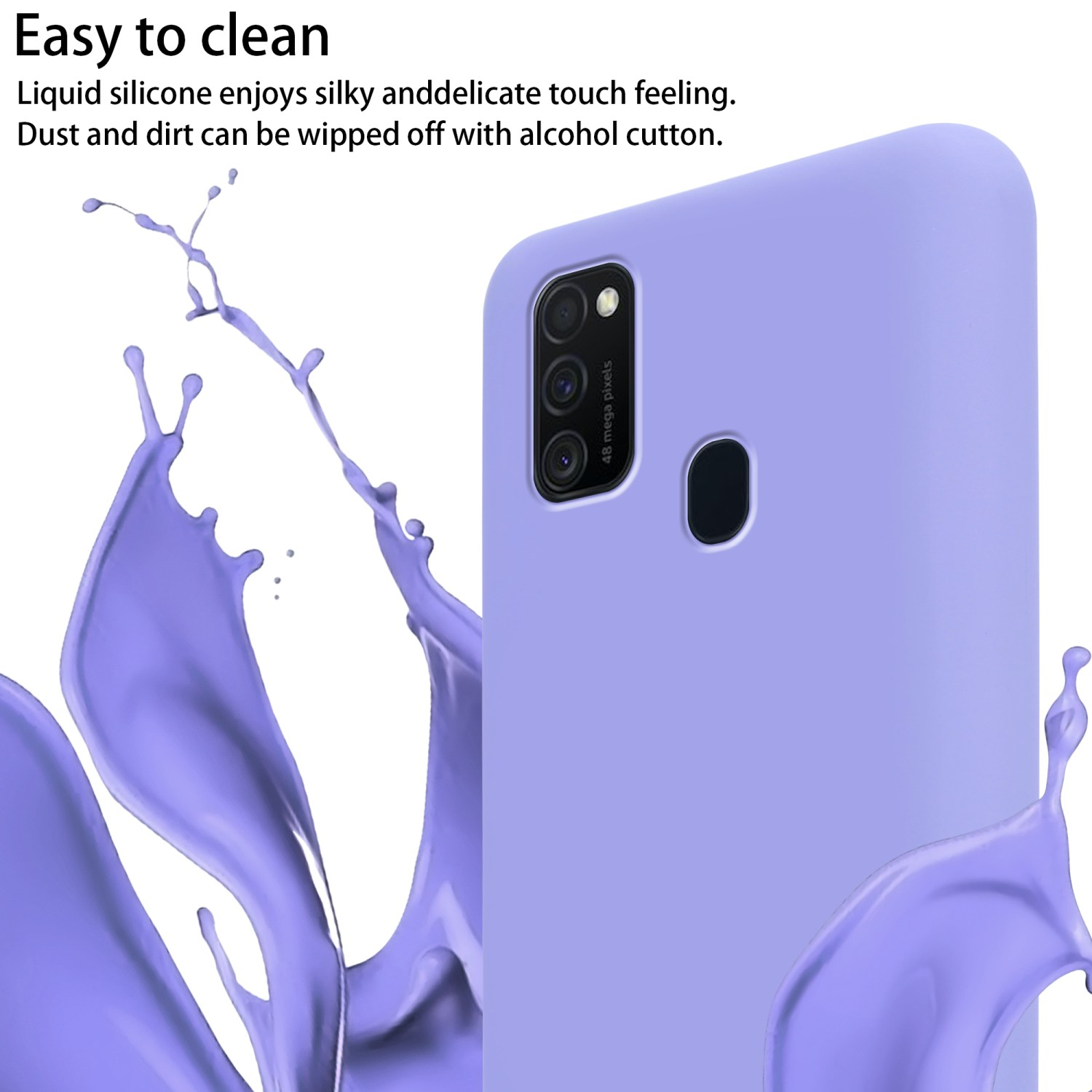 Una custodia per telefono viola con uno schizzo di liquido, che sottolinea le caratteristiche di facile pulizia.
