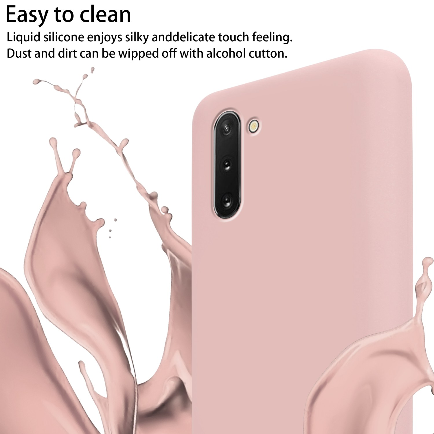 Custodia rosa per telefono con telefono. Schizzi di liquido in primo piano. Sfondo bianco.