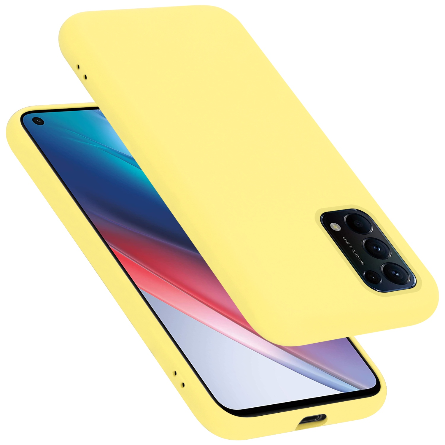 Gelbe Handyhülle mit einem Telefon darin. Die Hülle bedeckt die Rückseite und die Seiten.