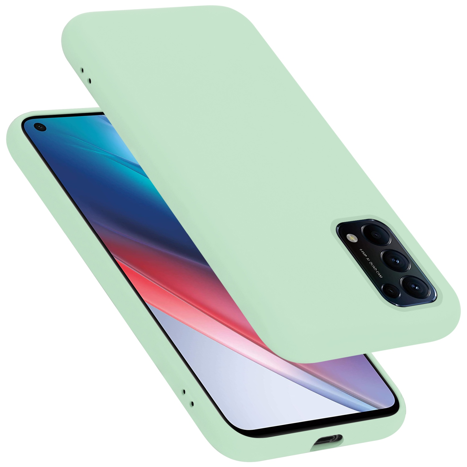 Grüne Handyhülle, das Telefon ist darin. Weißer Hintergrund.