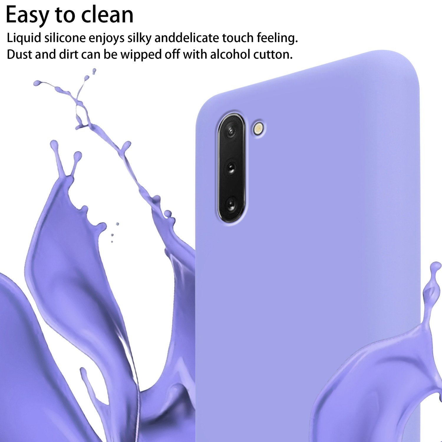 Una custodia per telefono viola. Uno spruzzo di liquido viola è in primo piano. La fotocamera del telefono è visibile.