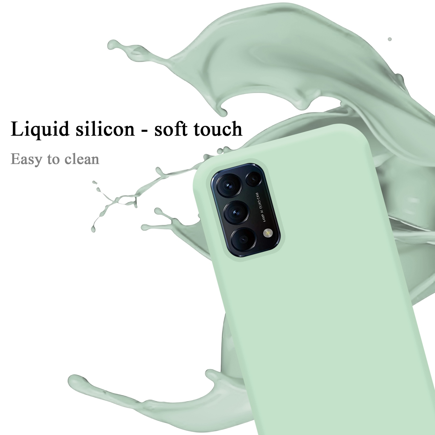 Eine Handyhülle mit einem Telefon darin. Der Text lautet "Flüssiges Silikon - Soft-Touch" und "Leicht zu reinigen".