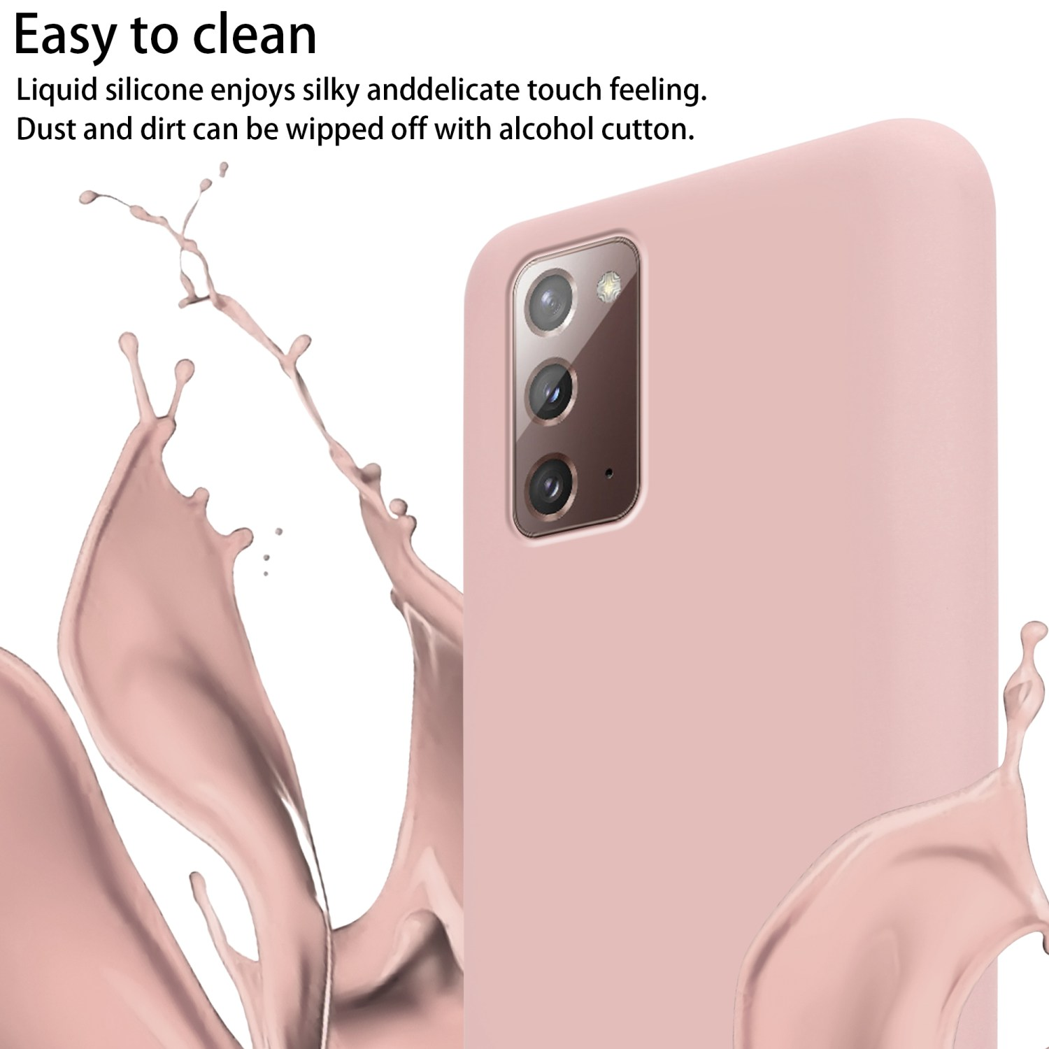 Custodia rosa per telefono con schizzi di vernice, sfondo bianco.