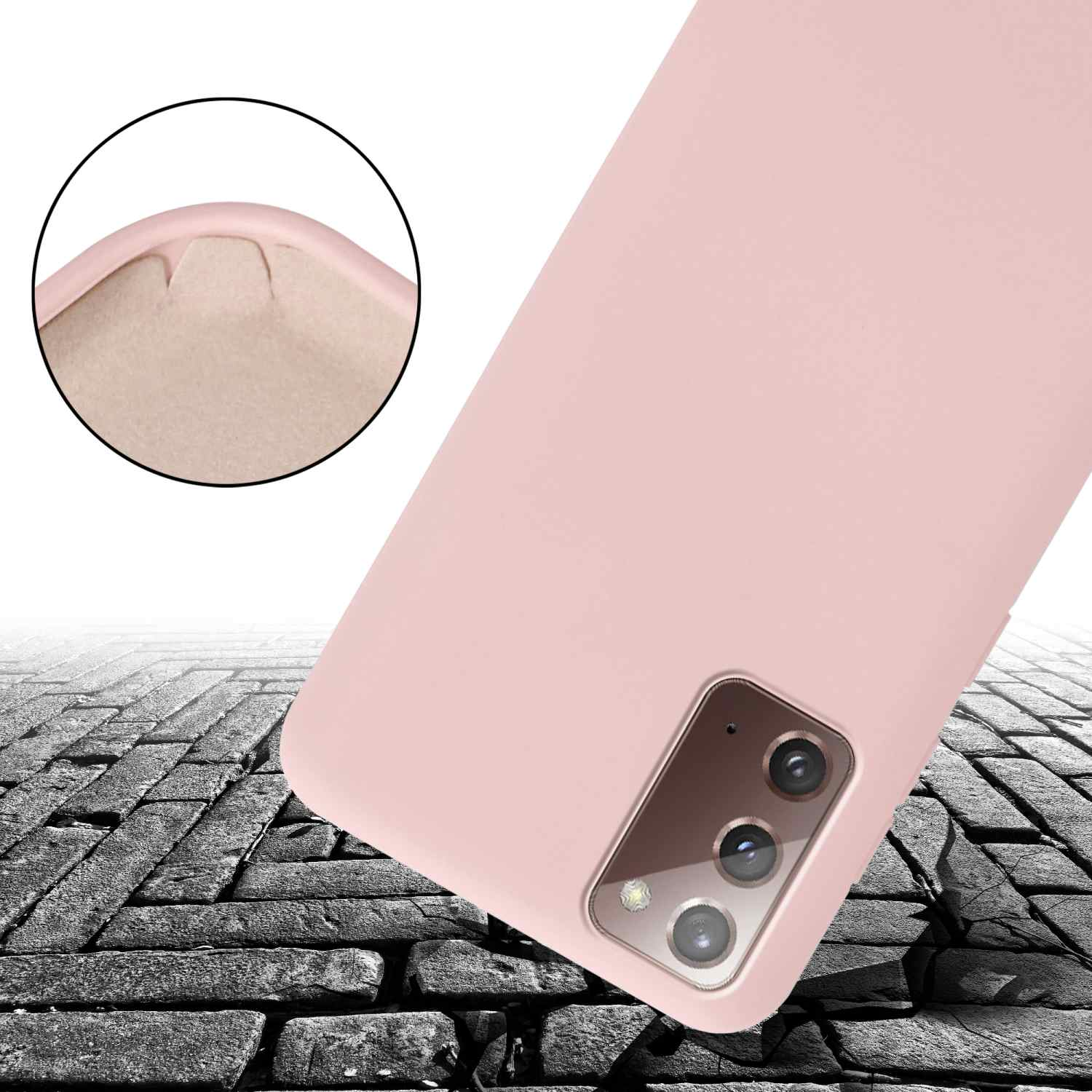 Custodia per telefono rosa su una superficie strutturata, con un primo piano dell'area della fotocamera.