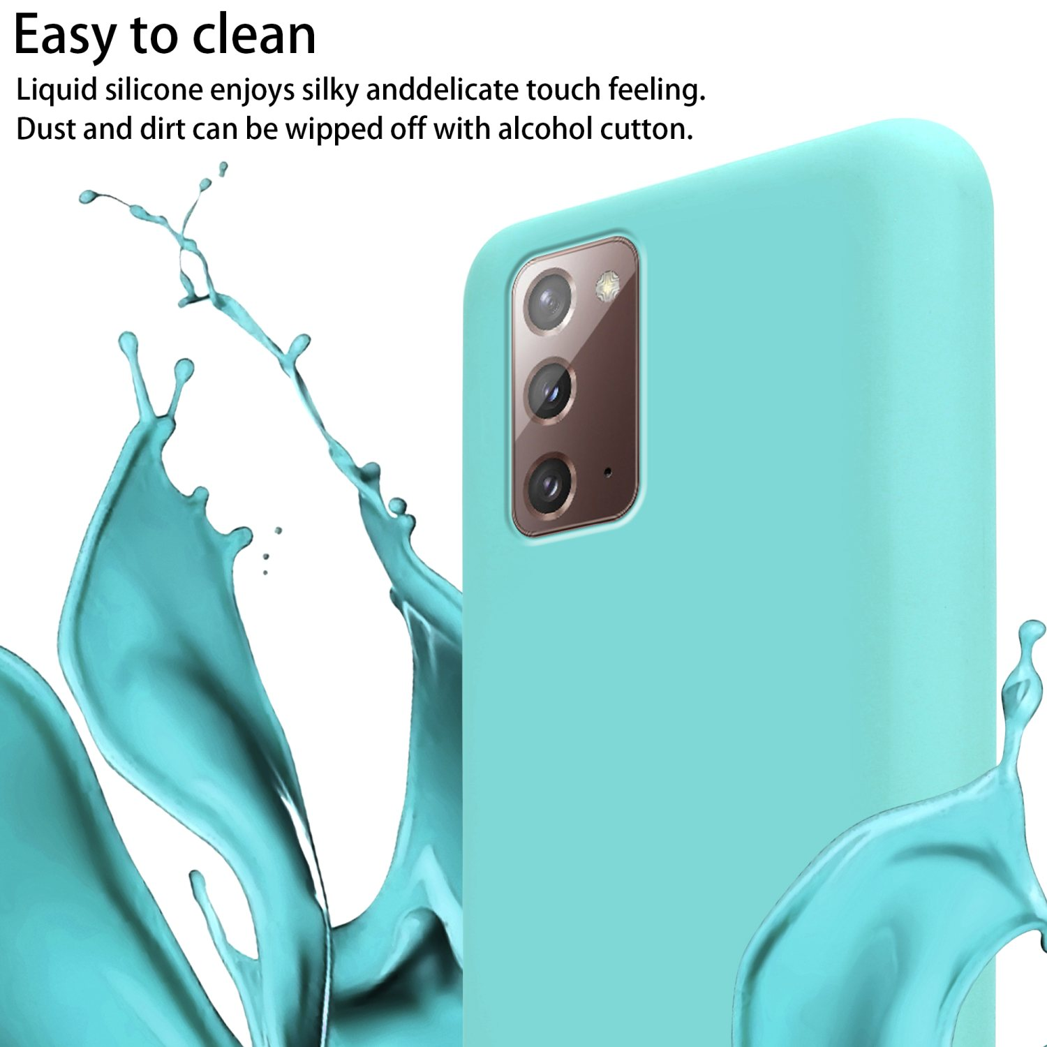 Una custodia per telefono turchese con un telefono all'interno. Forme simili all'acqua circondano il telefono.