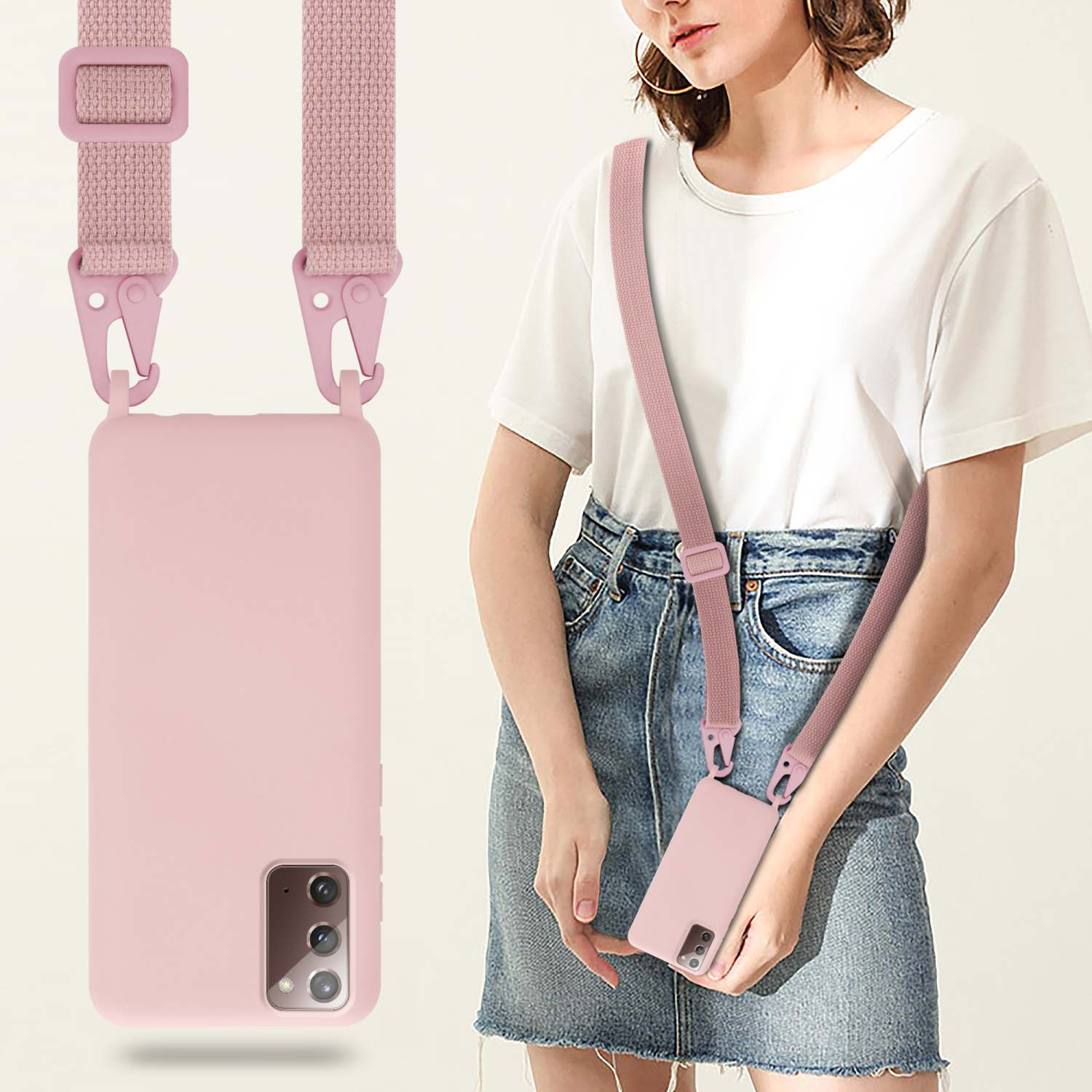 Donna con custodia rosa per telefono su un cinturino. Un'altra custodia a sinistra.