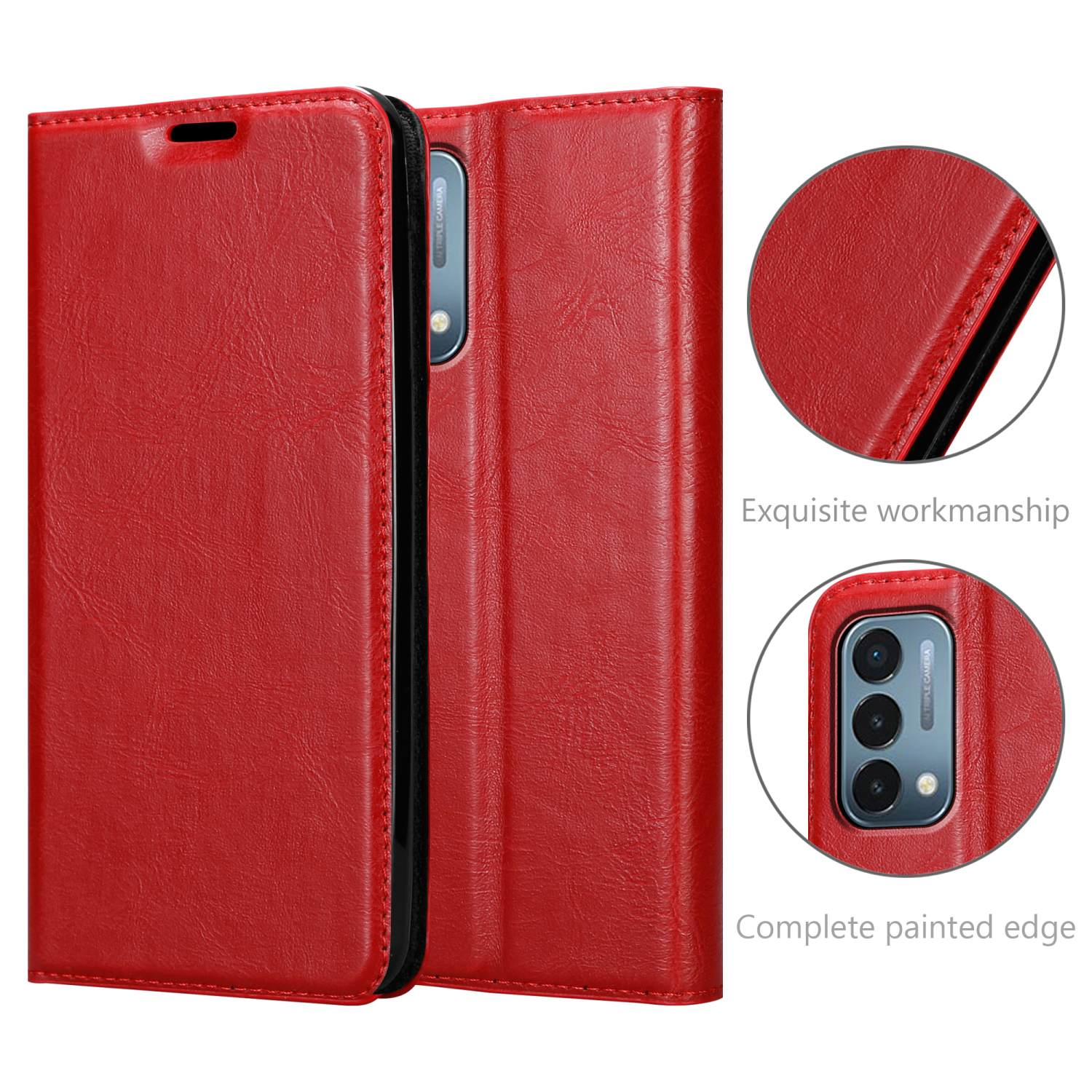 Custodia per telefono rossa, con patta aperta. L'interno è nero. Sono visibili i dettagli delle cuciture e del ritaglio della fotocamera.