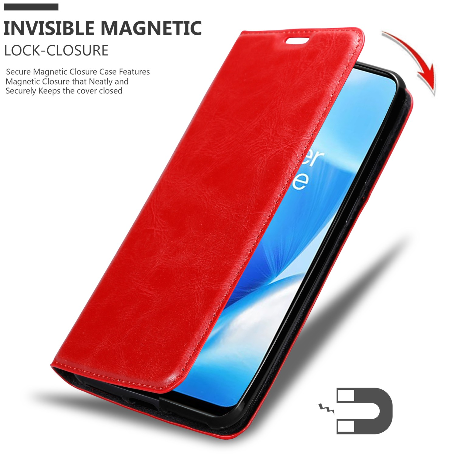 Custodia rossa per telefono aperta, che mostra il telefono all'interno. Chiusura magnetica e coperchio rosso.
