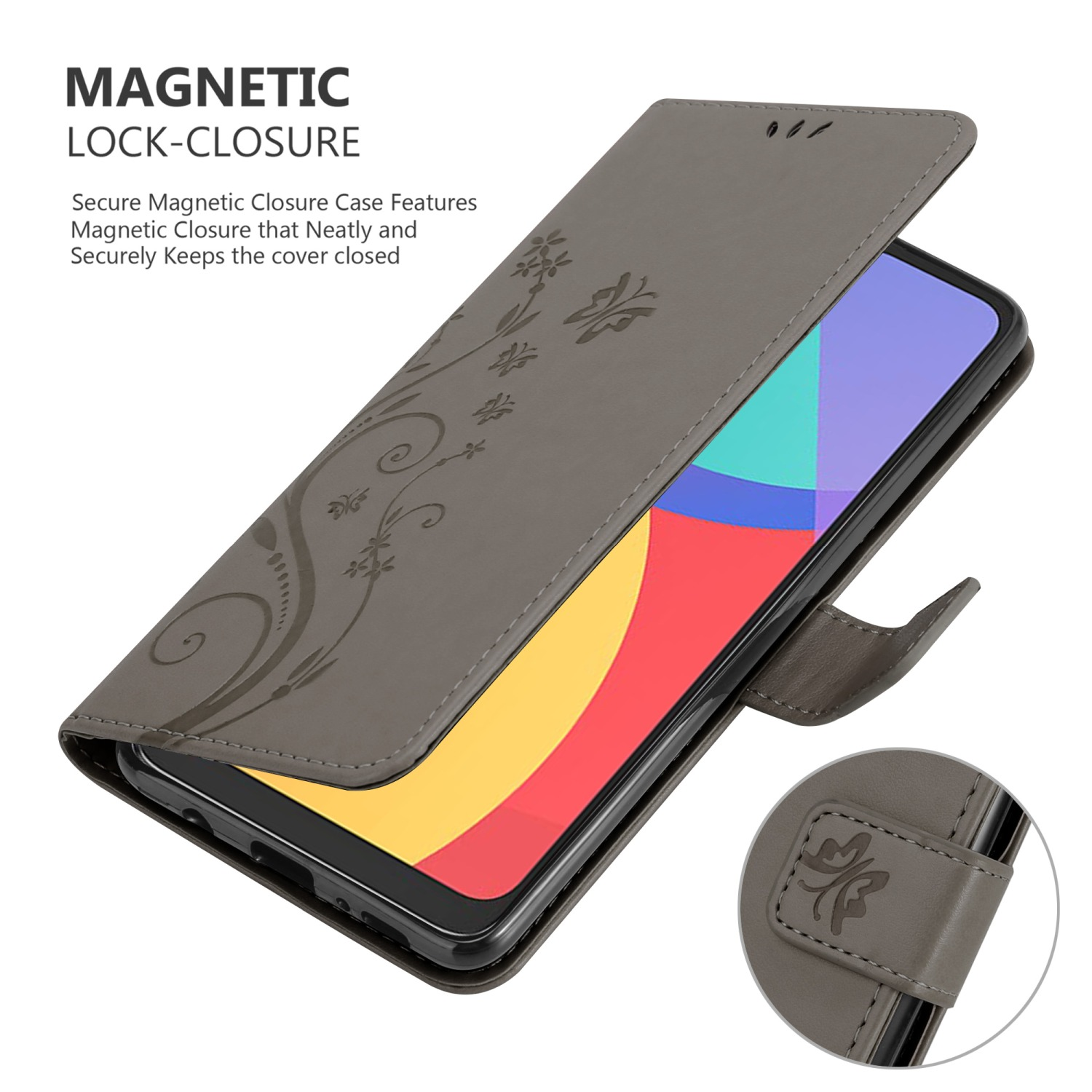 Custodia del telefono aperta con un design floreale. All'interno, un telefono con schermo colorato. Testo: 'Chiusura magnetica'.