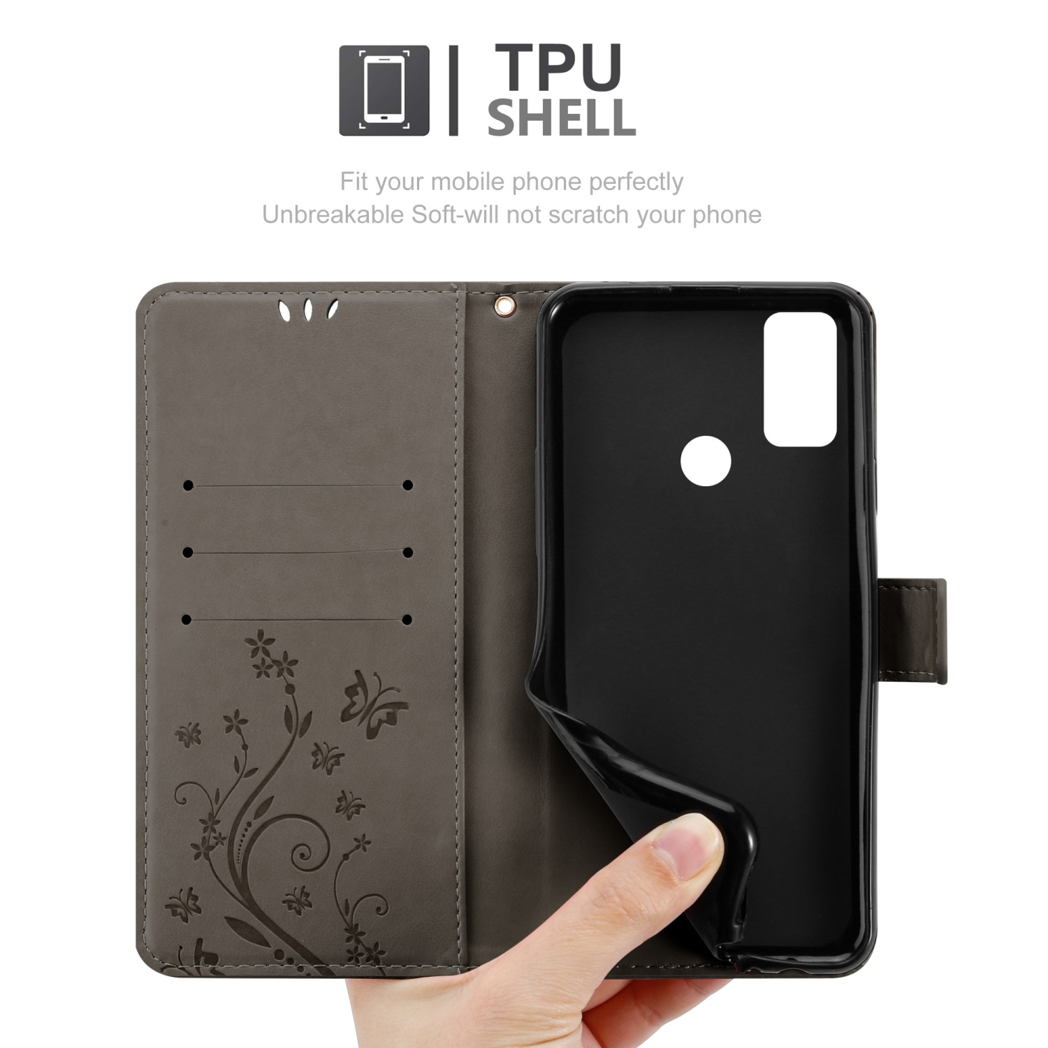 Una custodia per telefono aperta, che mostra un telefono e una mano, con un design floreale e farfalle.