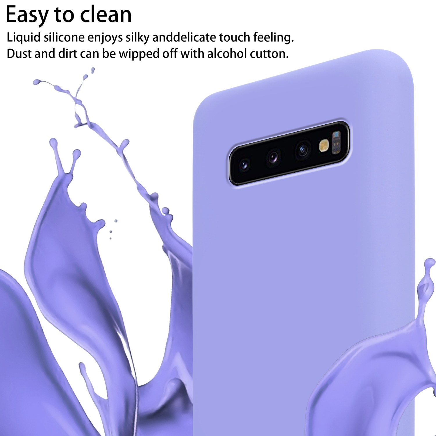 Un telefono viola con uno schizzo di liquido viola. Il testo a sinistra recita 'Easy to clean'.