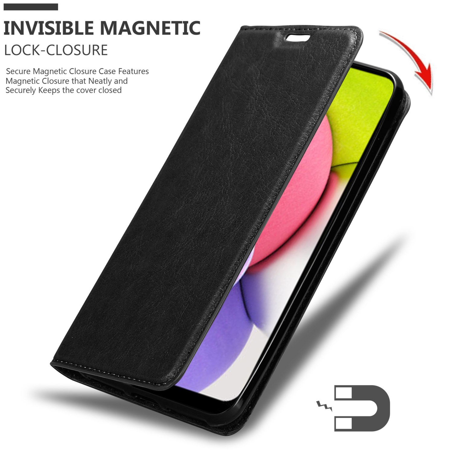 Custodia per telefono nera con chiusura magnetica, aperta, mostra il telefono.