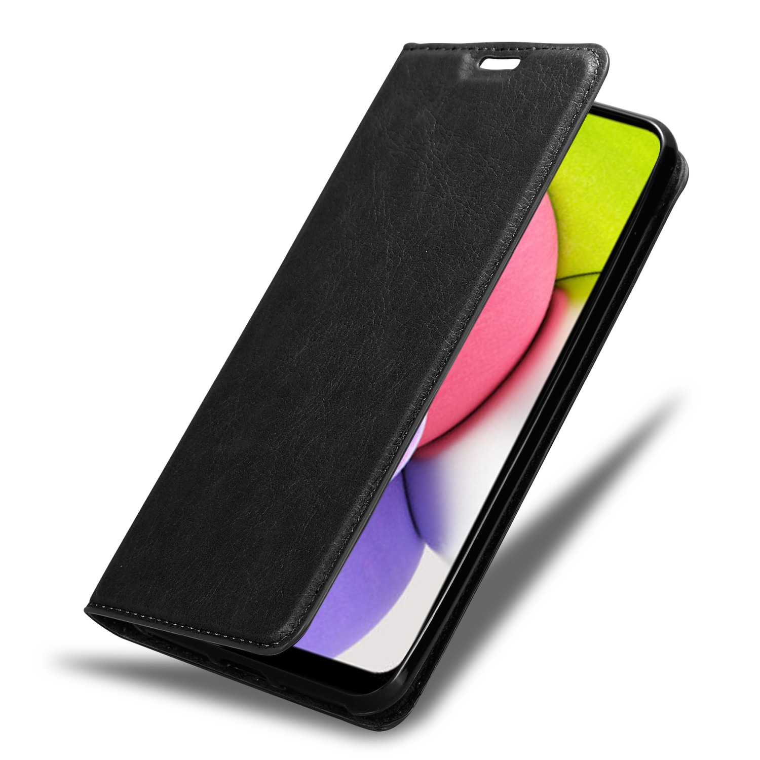 Custodia per telefono nera con coperchio aperto, che rivela uno schermo di smartphone.