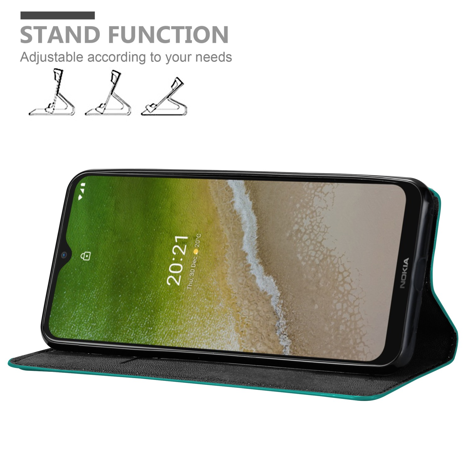 Un telefono in una custodia verde, aperto, con funzione stand. Il testo dice 'funzione stand'.