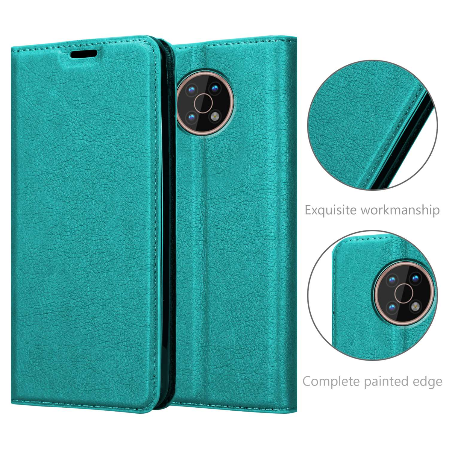 Custodia per telefono verde acqua, fronte e retro, con dettagli di cuciture e bordi verniciati.