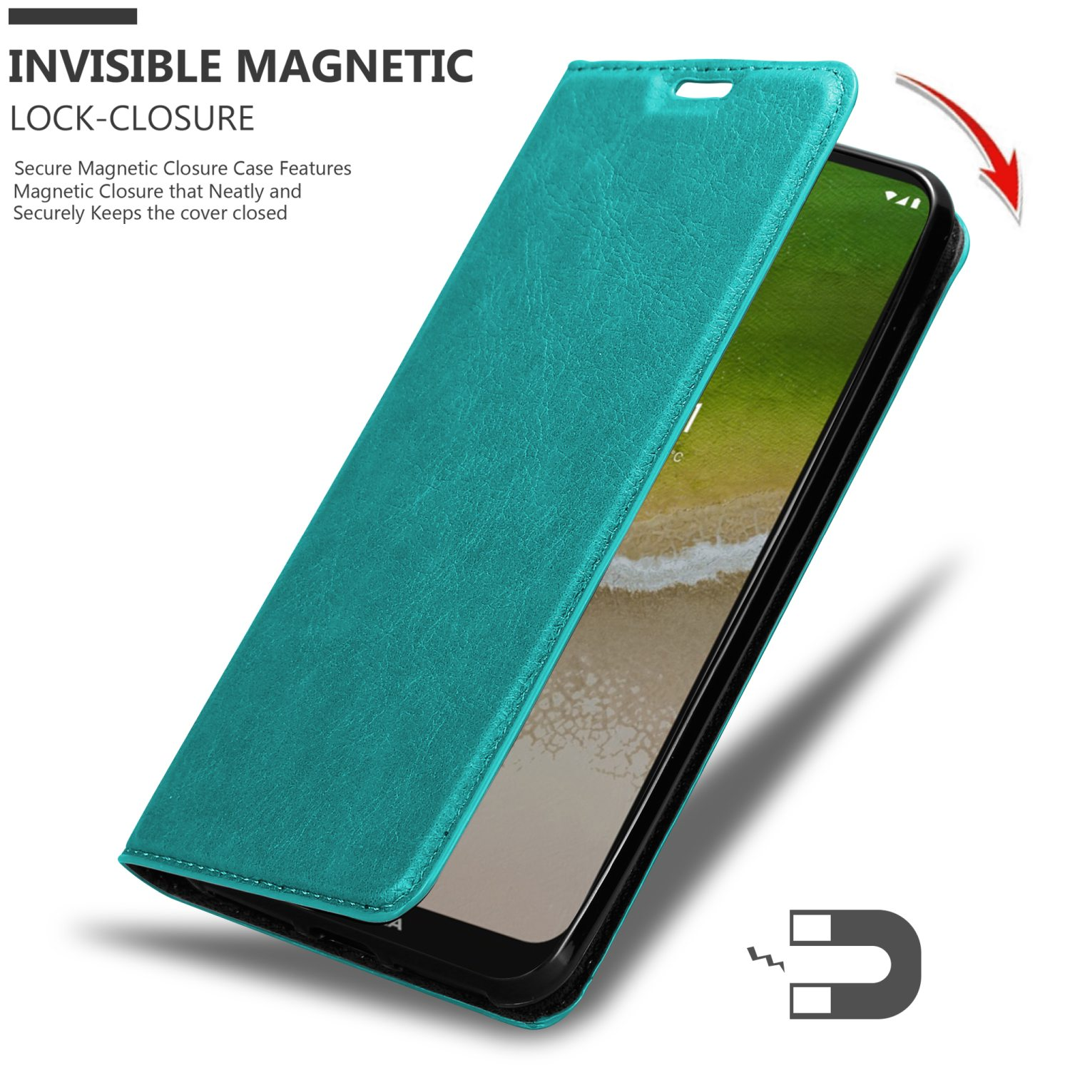 Una custodia per telefono color verde acqua, aperta, con chiusura magnetica. Il telefono è all'interno.