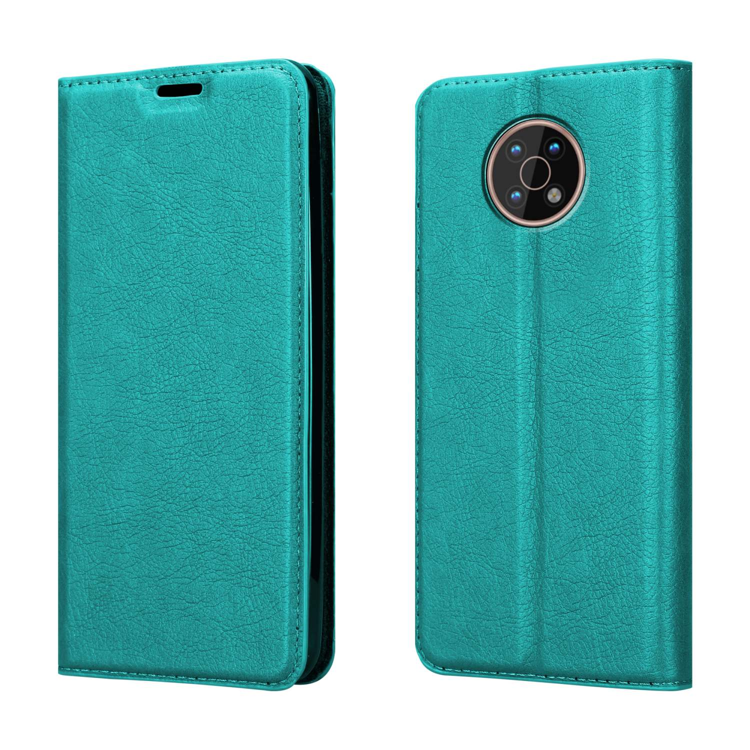 Custodia per telefono verde acqua, aperta e chiusa, che mostra il supporto per telefono e la fotocamera esterna.