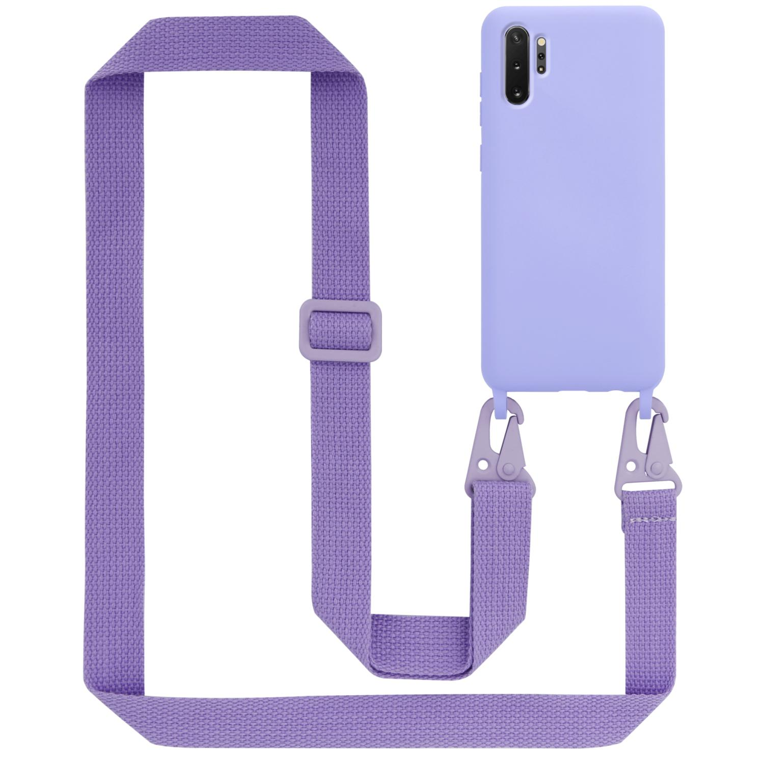 Custodia per telefono viola con cinturino attaccato, con cinturino viola e clip viola.