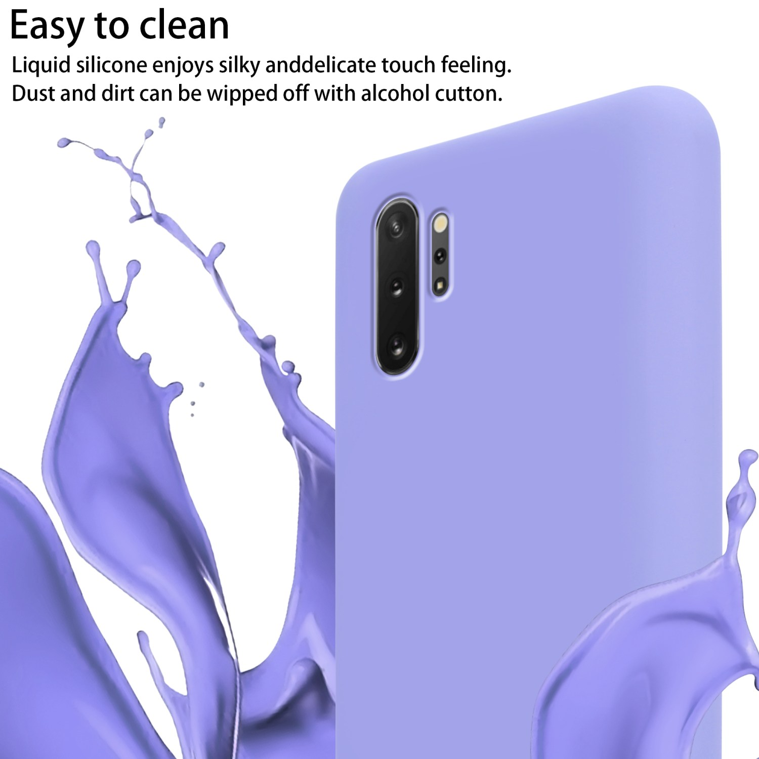 Una custodia per telefono viola con uno smartphone all'interno, con un'esplosione di liquido viola.