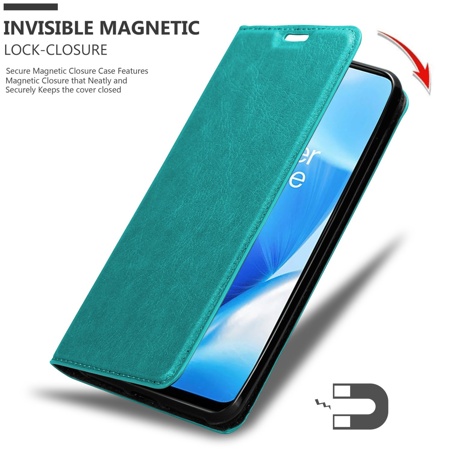 Una custodia turchese aperta con telefono all'interno e icona calamita.