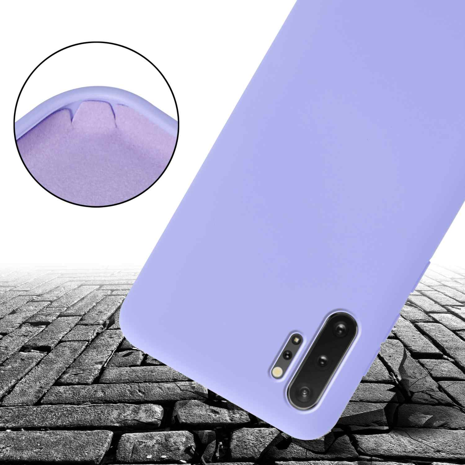 Custodia viola primo piano su pietra. Angolo visibile. Lenti fotocamera presenti.