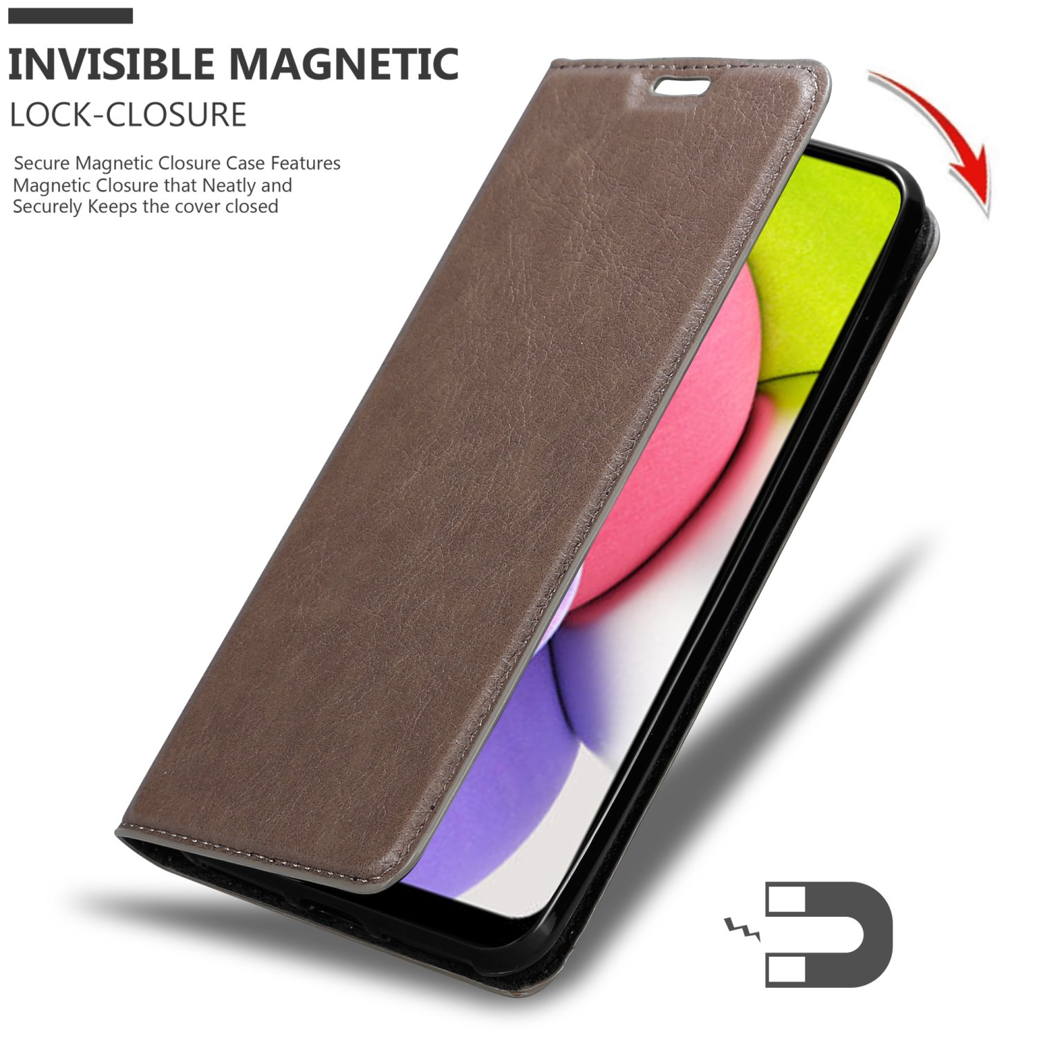 Custodia per telefono marrone, chiusura magnetica, aperta per rivelare lo schermo.