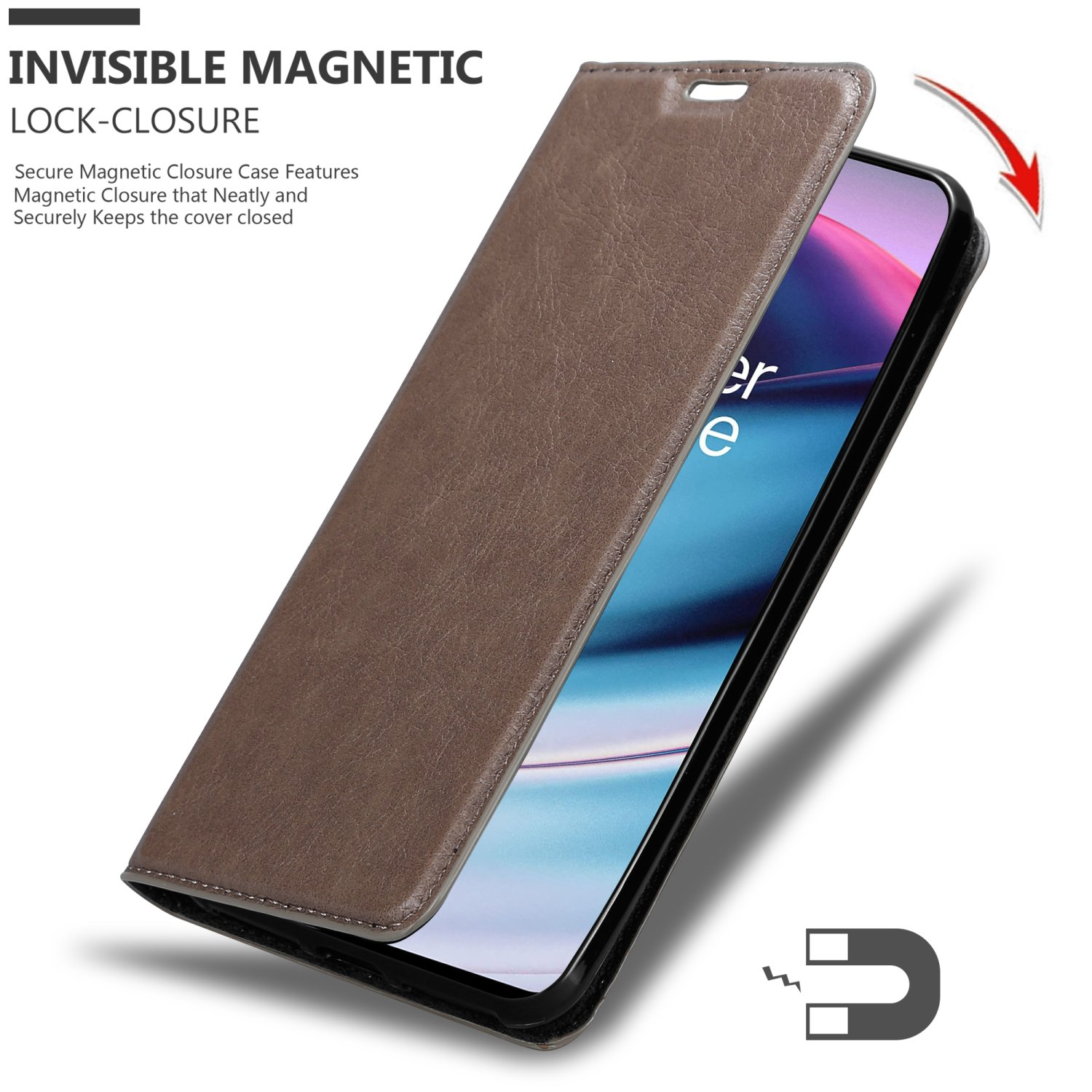 Custodia per telefono marrone con chiusura magnetica invisibile, mantiene la cover chiusa in modo sicuro.