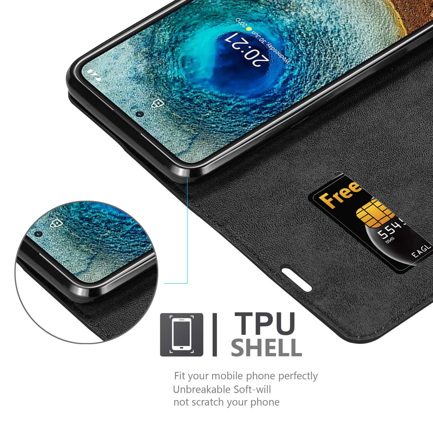 Ein Telefon mit schwarzem Cover und SIM-Karte. Nahaufnahme zeigt einen Telefonbildschirm.